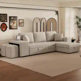 LUCKY ONE - 104.5" L-Shape Reversible Pull-Out Sleeper Sectional Sofa with Storage Chaise & 2 Stools - Cream