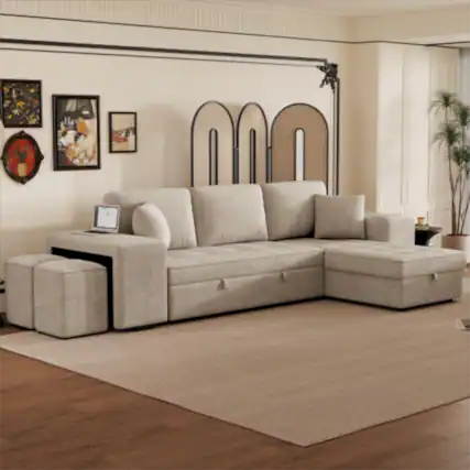 Front. LUCKY ONE - 104.5" L-Shape Reversible Pull-Out Sleeper Sectional Sofa with Storage Chaise & 2 Stools - Cream.