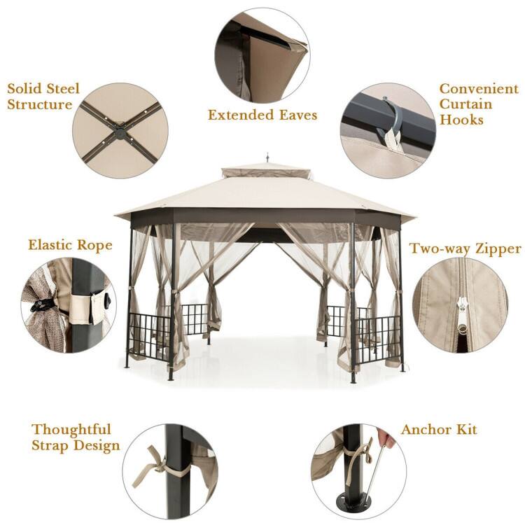 Solid Steel Structure  
Extended Eaves  
Convenient Curtain Hooks  
Elastic Rope  
Two-way Zipper  
Thoughtful Strap Design  
Anchor Kit