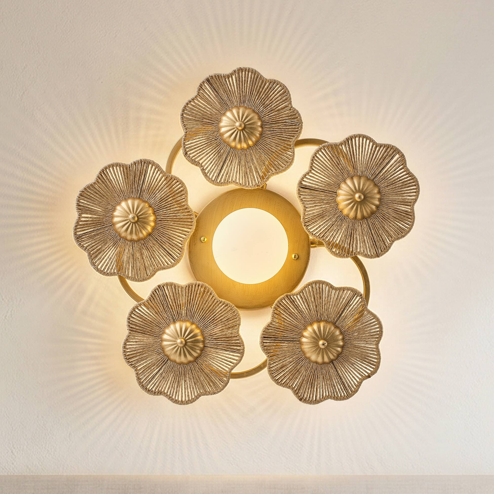 Back. Parrot Uncle - Antique Gold Modern Farmhouse Hand-Woven Raffia Rope Five Flower-Shaped Frosted Globe LED Wall Lamp Ceiling Light - Gold.