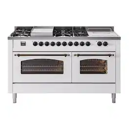 ILVE - Nostalgie II Series 60 in. Dual Fuel Range with 7 Sealed Burners + Griddle (Liquid Propane, Burnished Trim) - White