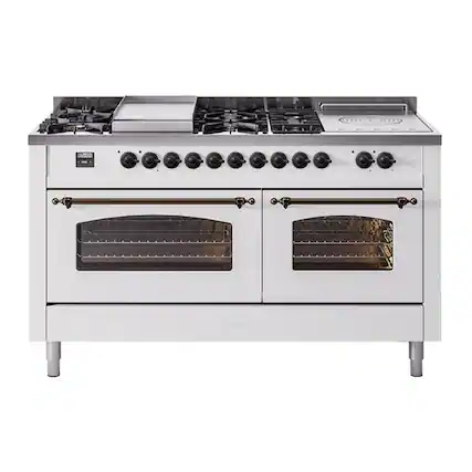 Front. ILVE - ILVE Nostalgie II Series 60 in. Dual Fuel Range with 7 Sealed Burners + Griddle (Natural Gas, Burnished Trim) - White.