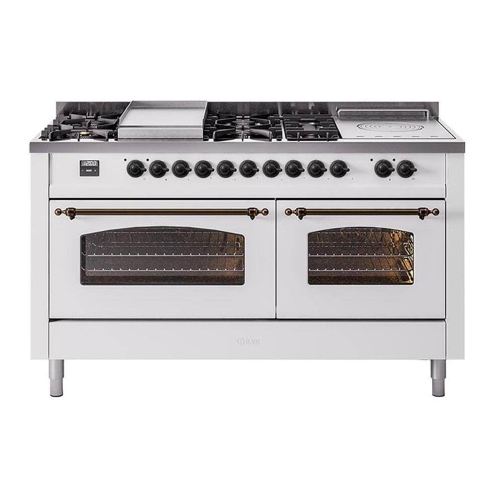 Front. ILVE - ILVE Nostalgie II 60 inch Dual Fuel Range with 7 Burners + Griddle (Liquid Propane, White, Burnished Trim) - White.