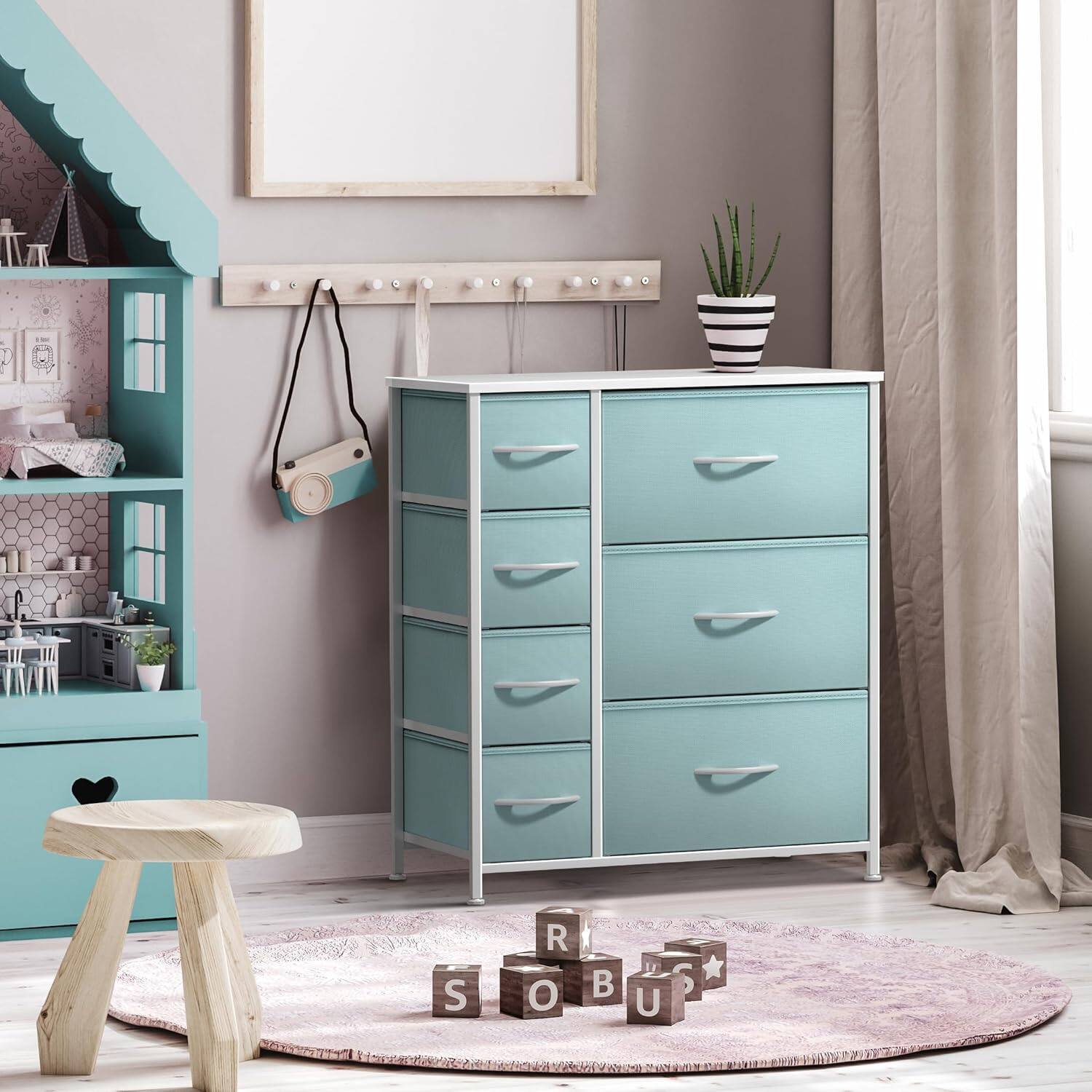 Angle. Sorbus - Sorbus Dresser with 7 Drawers - Storage Chest Organizer with Steel Frame, Wood Top, Handles, Fabric Bins - Aqua.