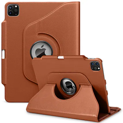 Front. DTTO - Case for iPad Pro 12.9" 3rd/4th/5th/6th Gen, Leather Smart Folio with 360° Rotating Stand, Pencil Holder & Close Strap - Brown.