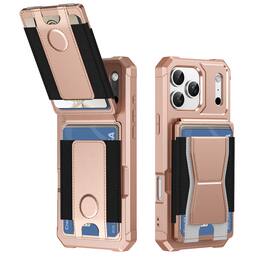 Dteck - Rugged Wallet Case for Apple iPhone 17 Pro Max, Shockproof Protective Cover with Elastic Card Holder and Kickstand - Rosegold