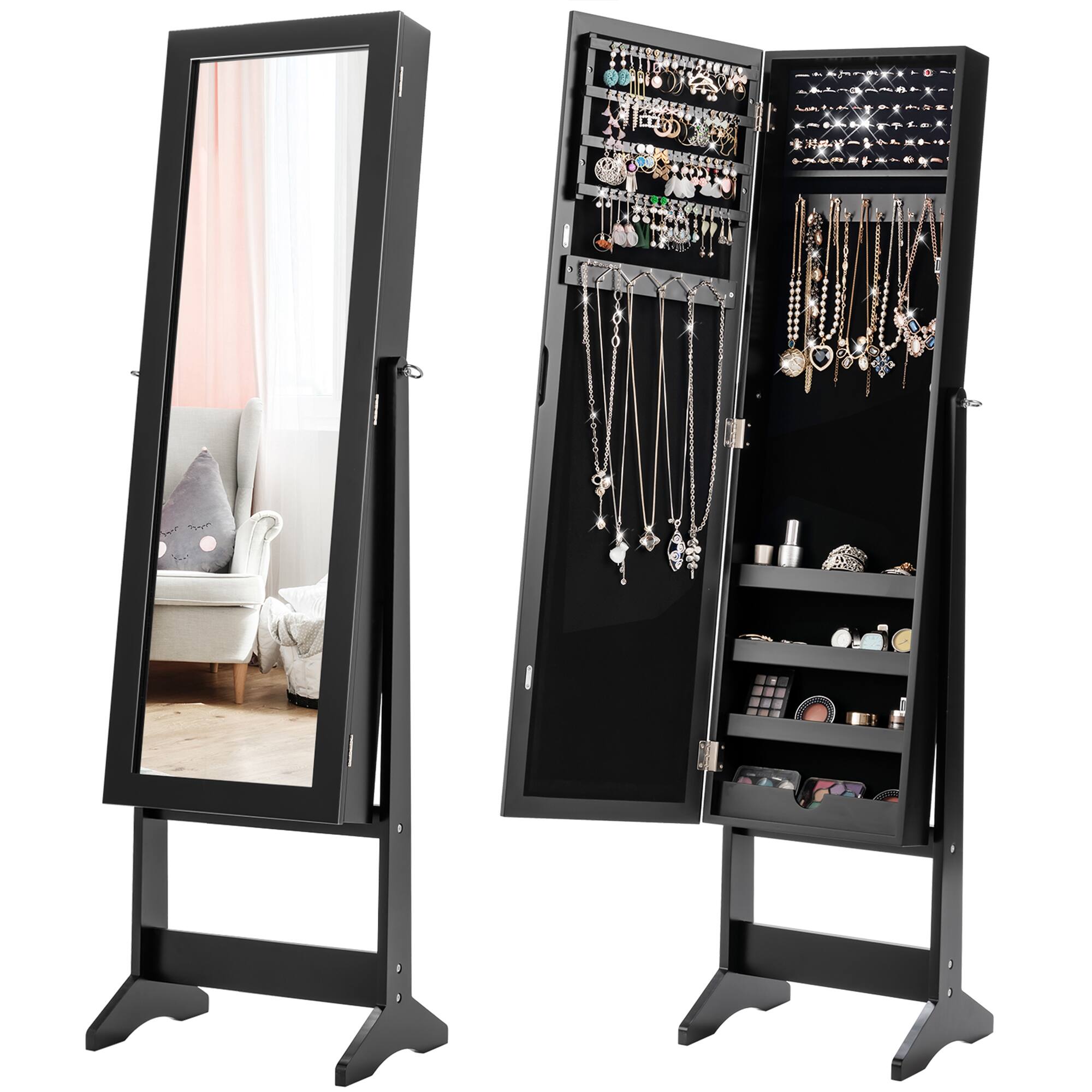 Alt View 5. Gymax - Gymax Vanity Mirror Tilting Jewelry Cabinet Organizer Storage Box Black - Black.