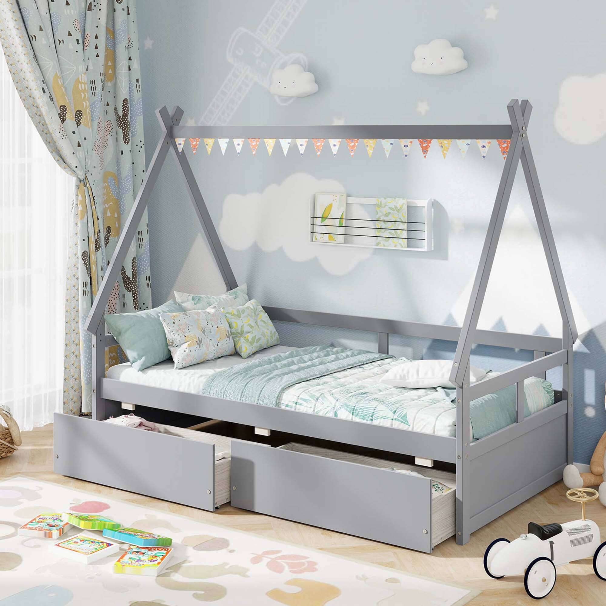 Angle. Costway - Twin Size House Bed with Roof Safety Guardrail 2 Storage Drawers Wood Slat Support - Gray.