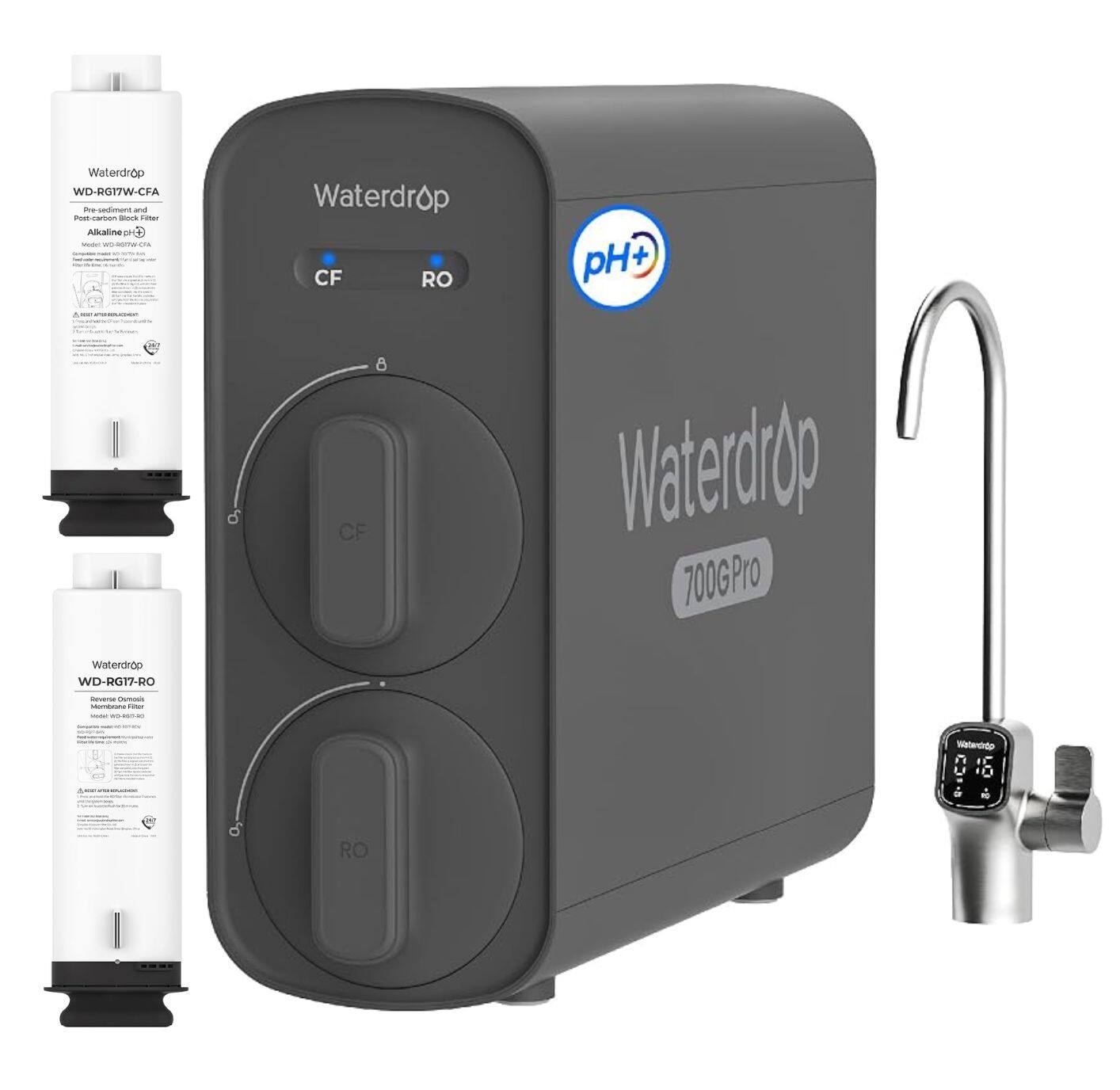 Waterdrop - G5P700A-Pro Alkaline Mineral pH+ Reverse Osmosis Dual Flow Water Filtration System, Extra RG17W-CFA & RG17-RO Filters - Black