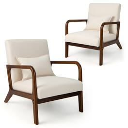 Costway - Set of 2 Accent Chairs Leisure Armchair with Rubber Wood Frame&Lumbar Pillow - Beige