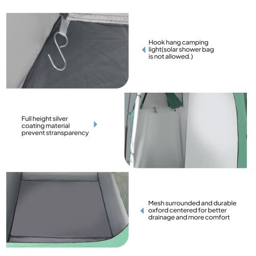 Hook hang camping light (solar shower bag is not allowed.)  
Full height silver coating material prevent transparency  
Mesh surrounded and durable oxford centered for better drainage and more comfort