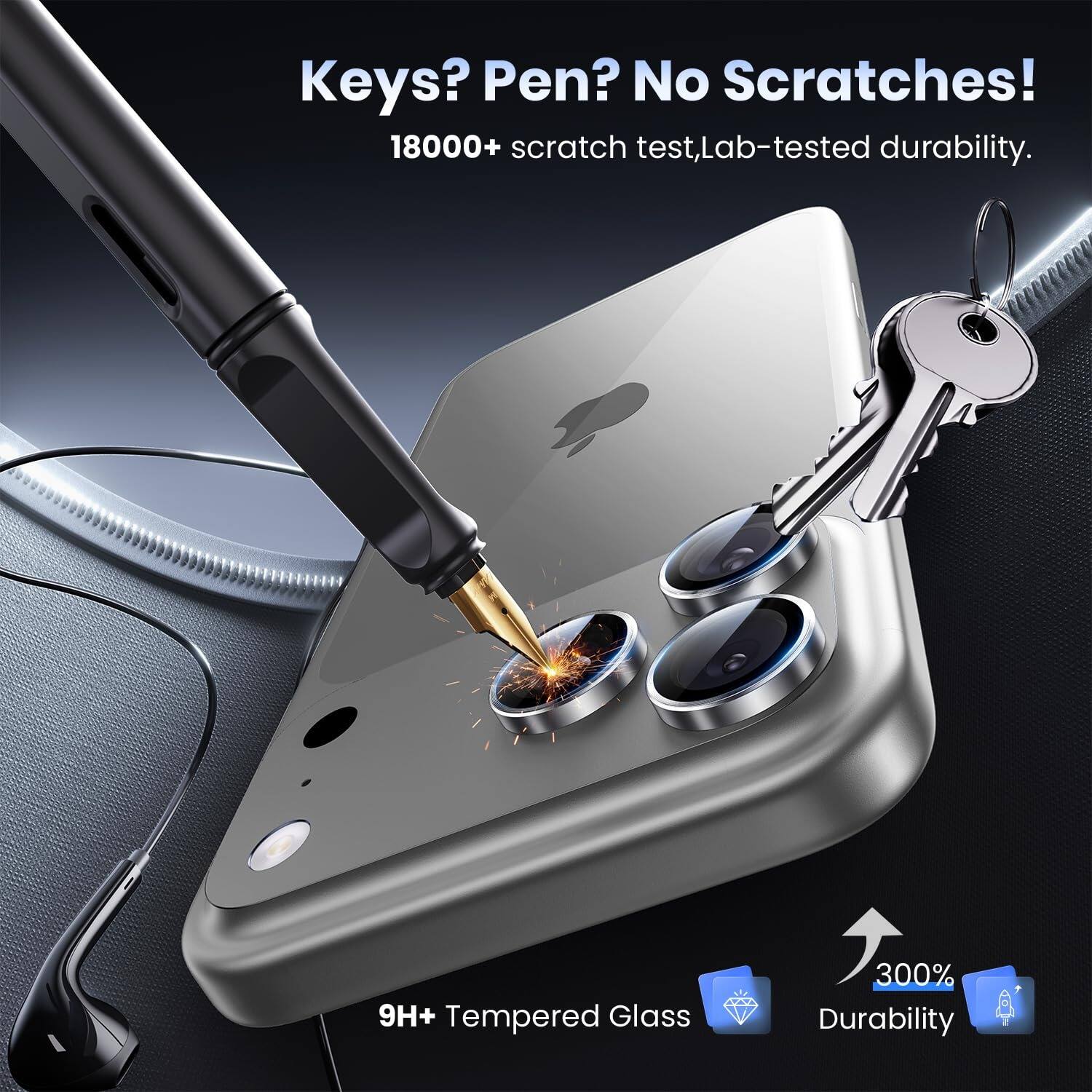 Keys? Pen? No Scratches!  
18000+ scratch test, Lab-tested durability.  
9H+ Tempered Glass  
300% Durability