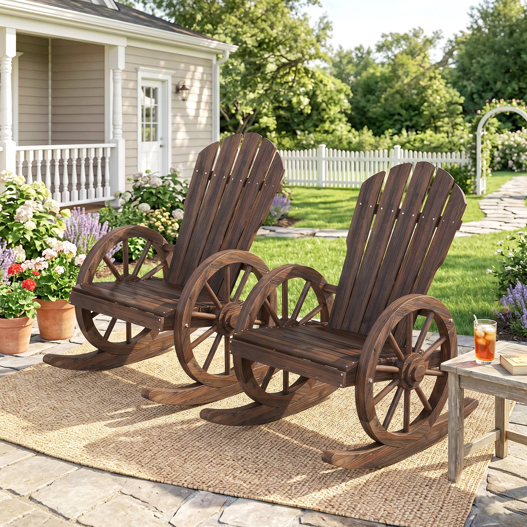 Alt View 1. Outsunny - Wooden Rocking Chairs Set of 2 Adirondack Rocker Chairs Wagon Wheel Armrest - Carbonized.