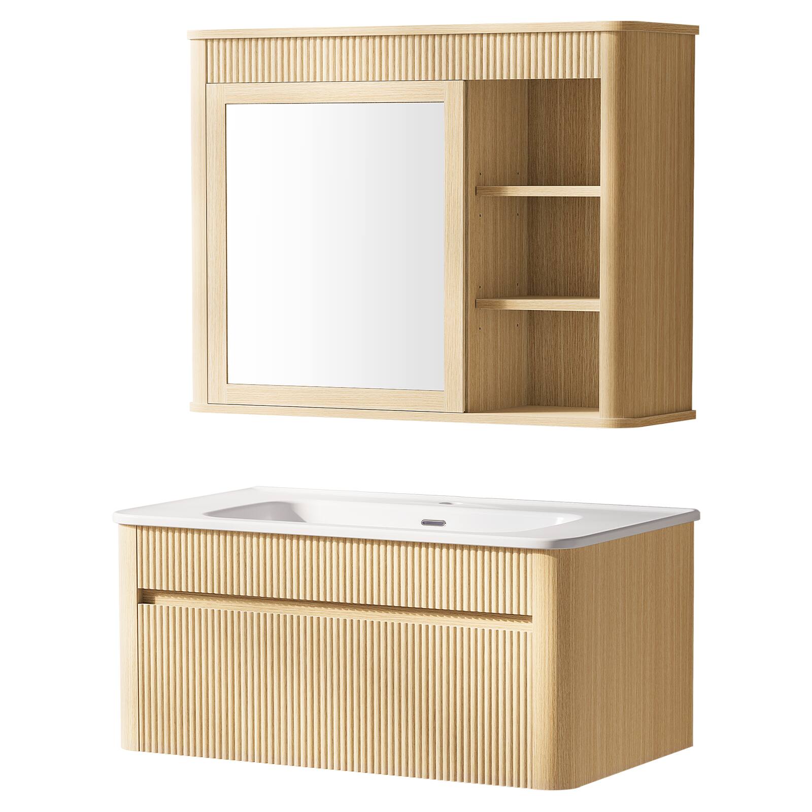 Alt View 7. ModernMate - 30" Single Wall-Mounted Bathroom Vanity Set with Mirror Cabinet, Soft-Close Doors, Solid Wood Legs - Natural Oak.