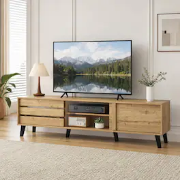 WELLFOR - Mid Century Modern TV Stand for 80 Inch TVs, Entertainment Center Media Console with Sliding Door Cabinets - Oak