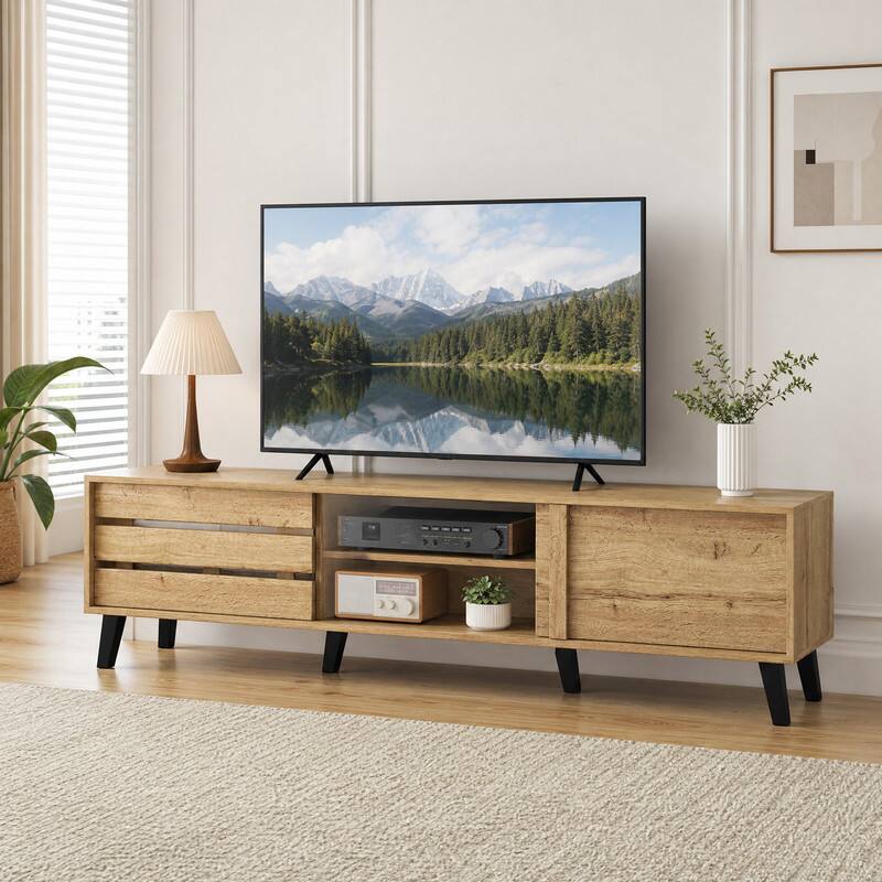 Front. WELLFOR - Mid Century Modern TV Stand for 80 Inch TVs, Entertainment Center Media Console with Sliding Door Cabinets - Oak.