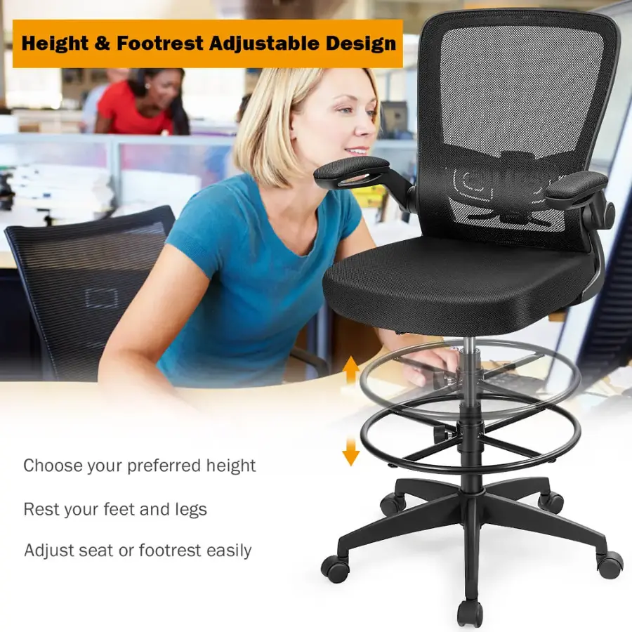 The text on the image is already grouped and correctly written. It describes the features of the adjustable chair, which allows the user to choose their preferred height, rest their feet and legs, and adjust the seat or footrest easily.