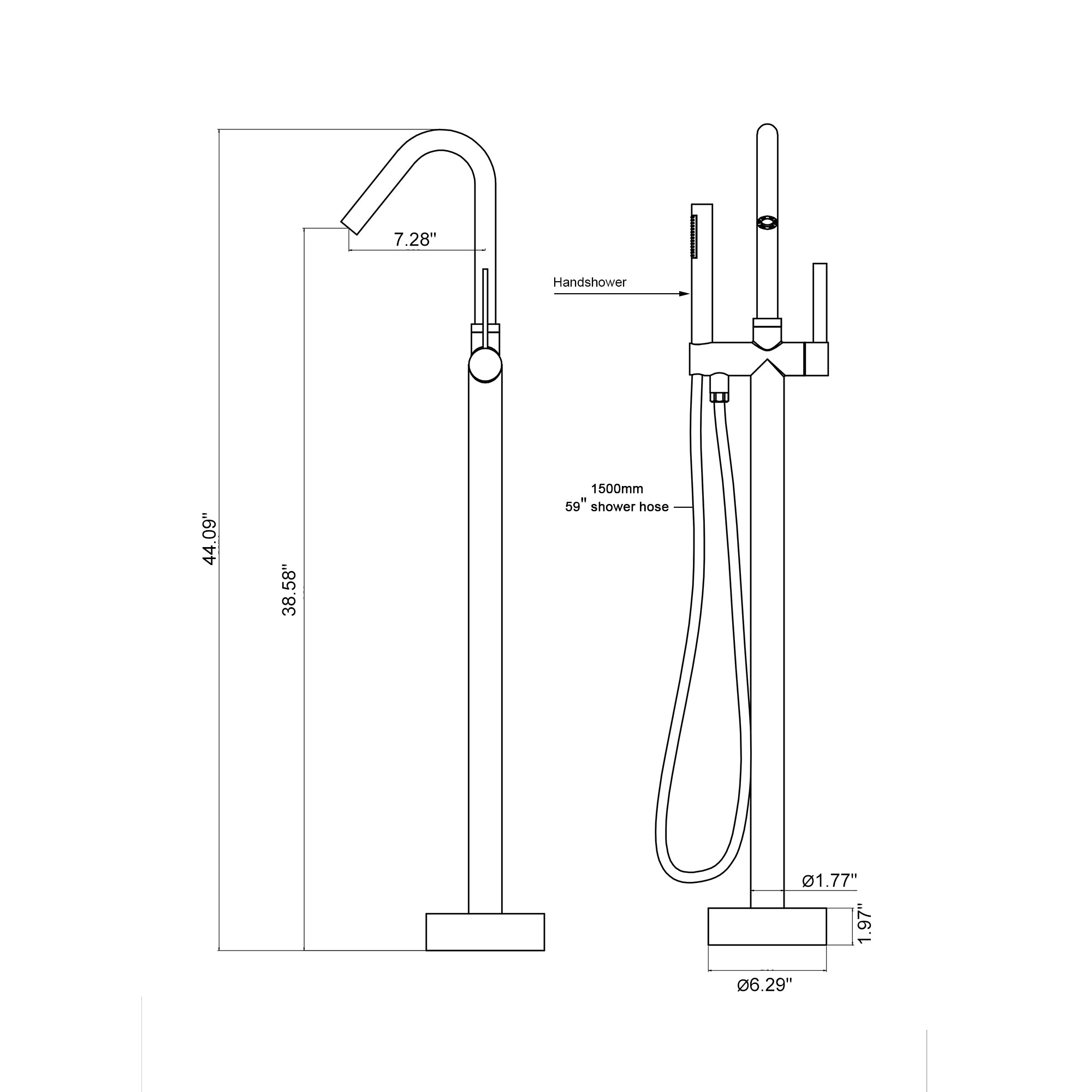 7.28" Handshower 44.09" 38.58" 1500mm 59" shower hose 1.77" 1.97" @6.29"