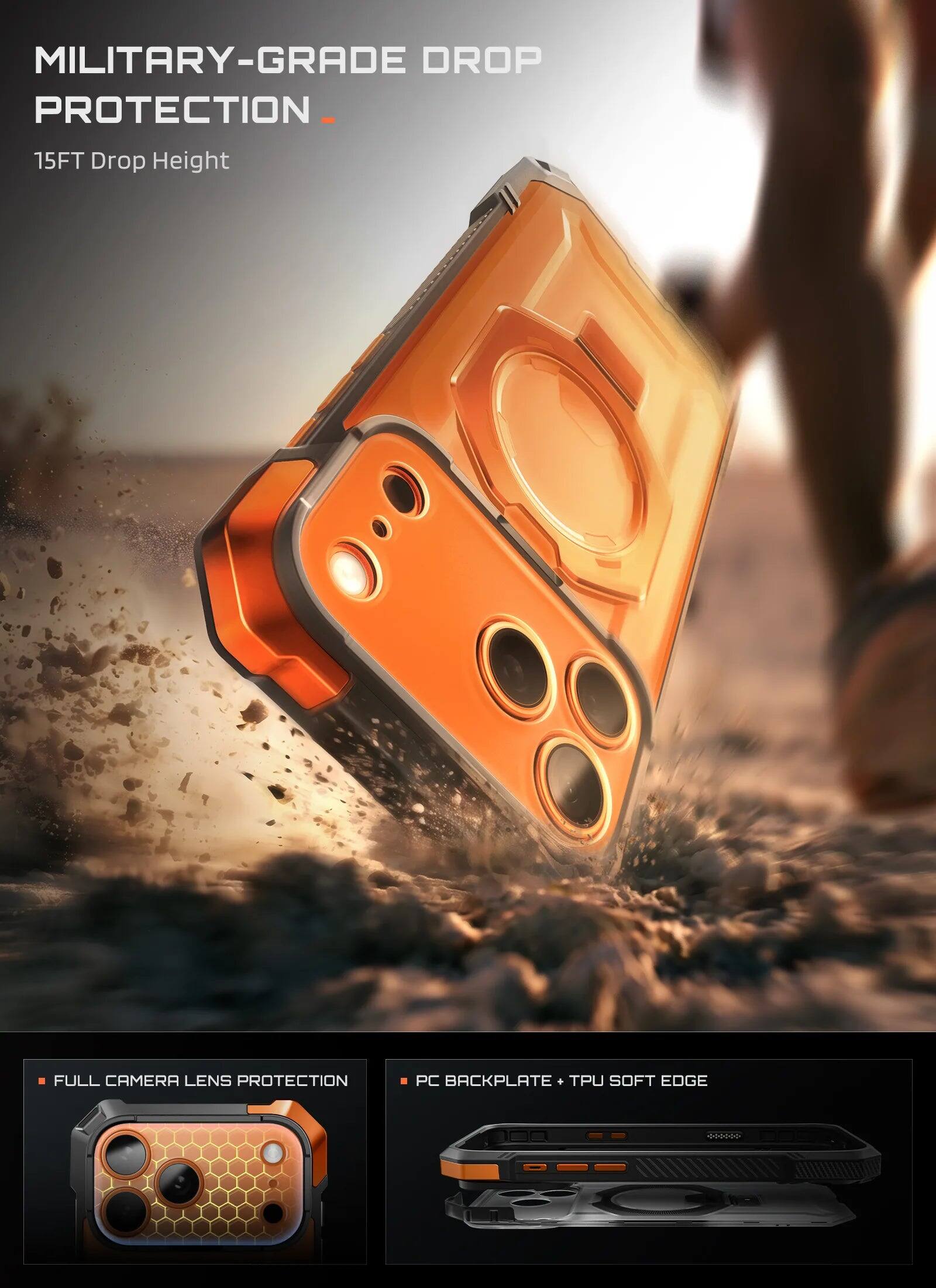 MILITARY-GRADE DROP PROTECTION  
15FT Drop Height  
FULL CAMERA LENS PROTECTION  
PC BACKPLATE + TPU SOFT EDGE
