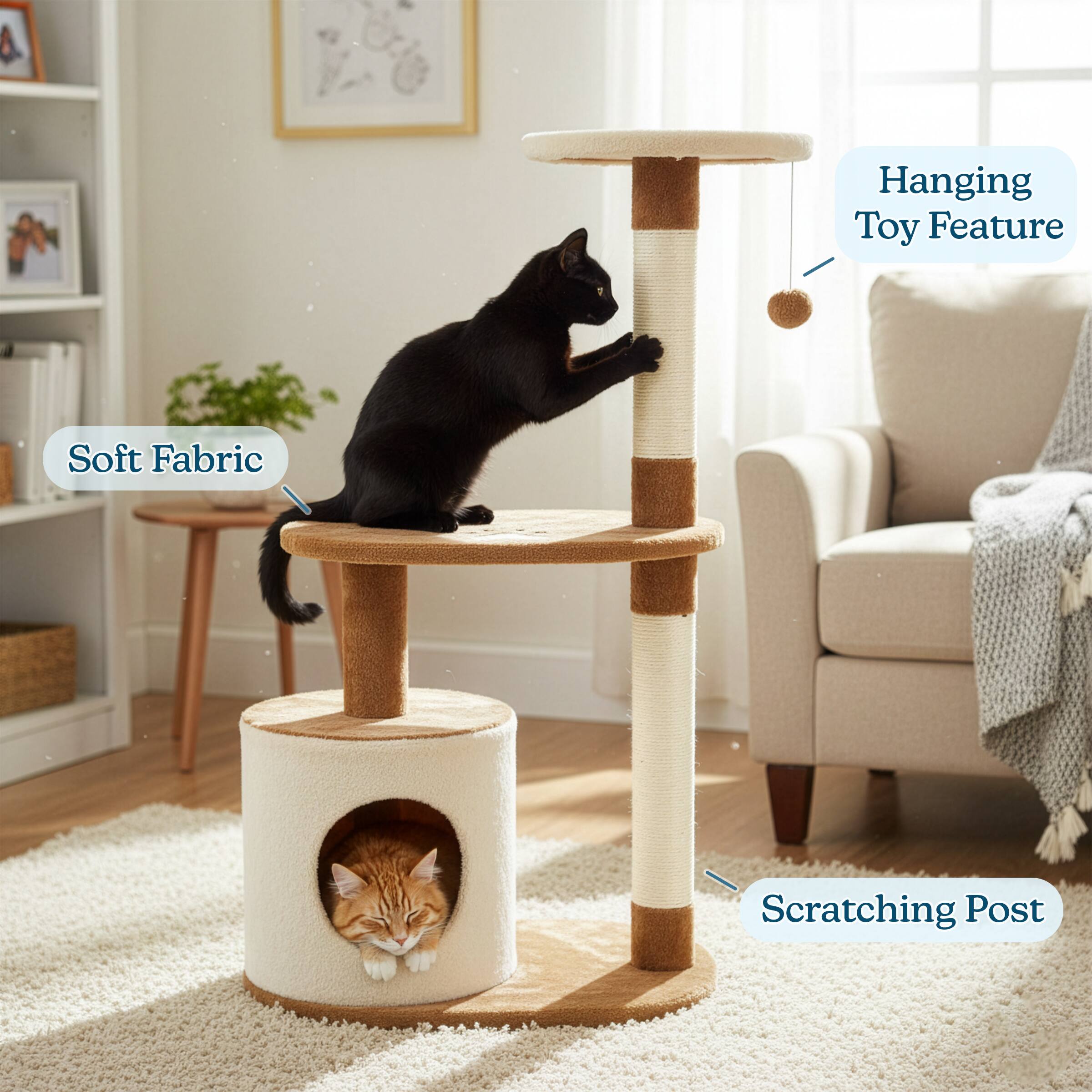 A Hanging Toy Feature  
Soft Fabric  
Scratching Post