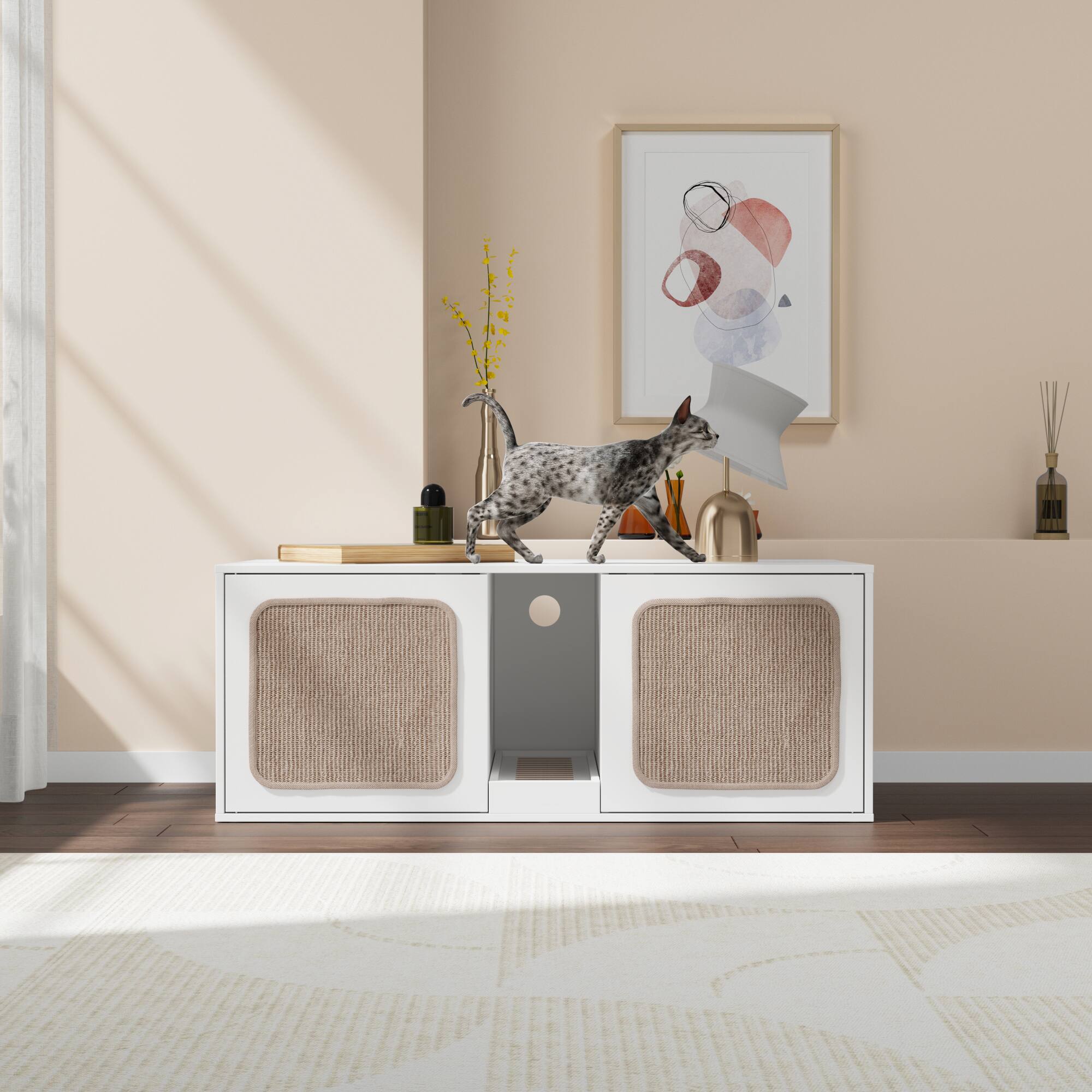 Back. FUFU & GAGA - Modern Cat Furniture Cabinet - Hidden Litter Box Storage with Sisal Scratching Doors & Multi-Cat Design.
