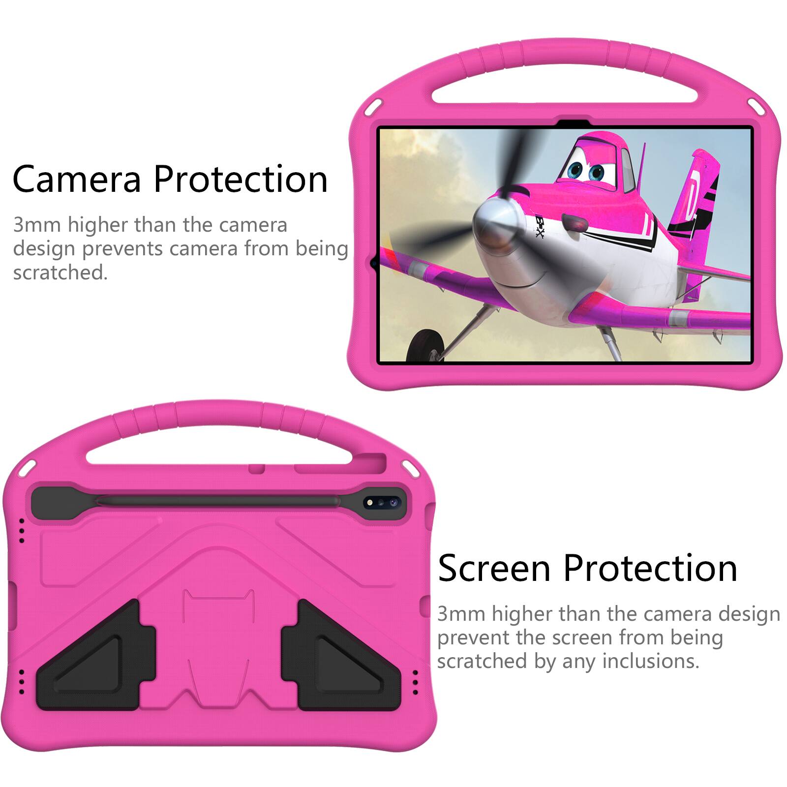 Camera Protection  
3mm higher than the camera design prevents camera from being scratched.  

Screen Protection  
3mm higher than the camera design prevent the screen from being scratched by any inclusions.