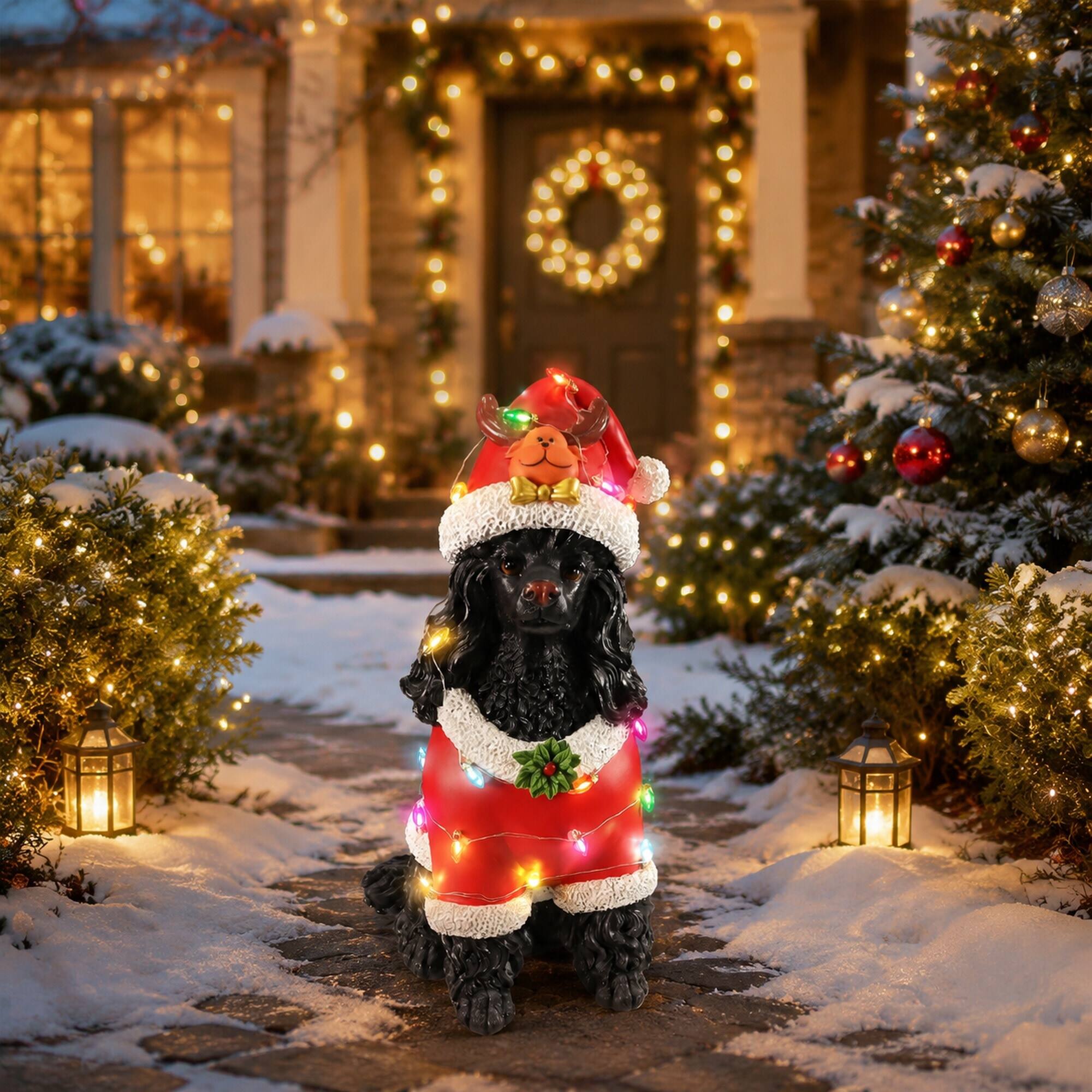 Left. RYHNUYNE - Holiday Black Poodle Statue with Red Santa Outfit and Reindeer Hat for Christmas Mantel Table Decor - Black.