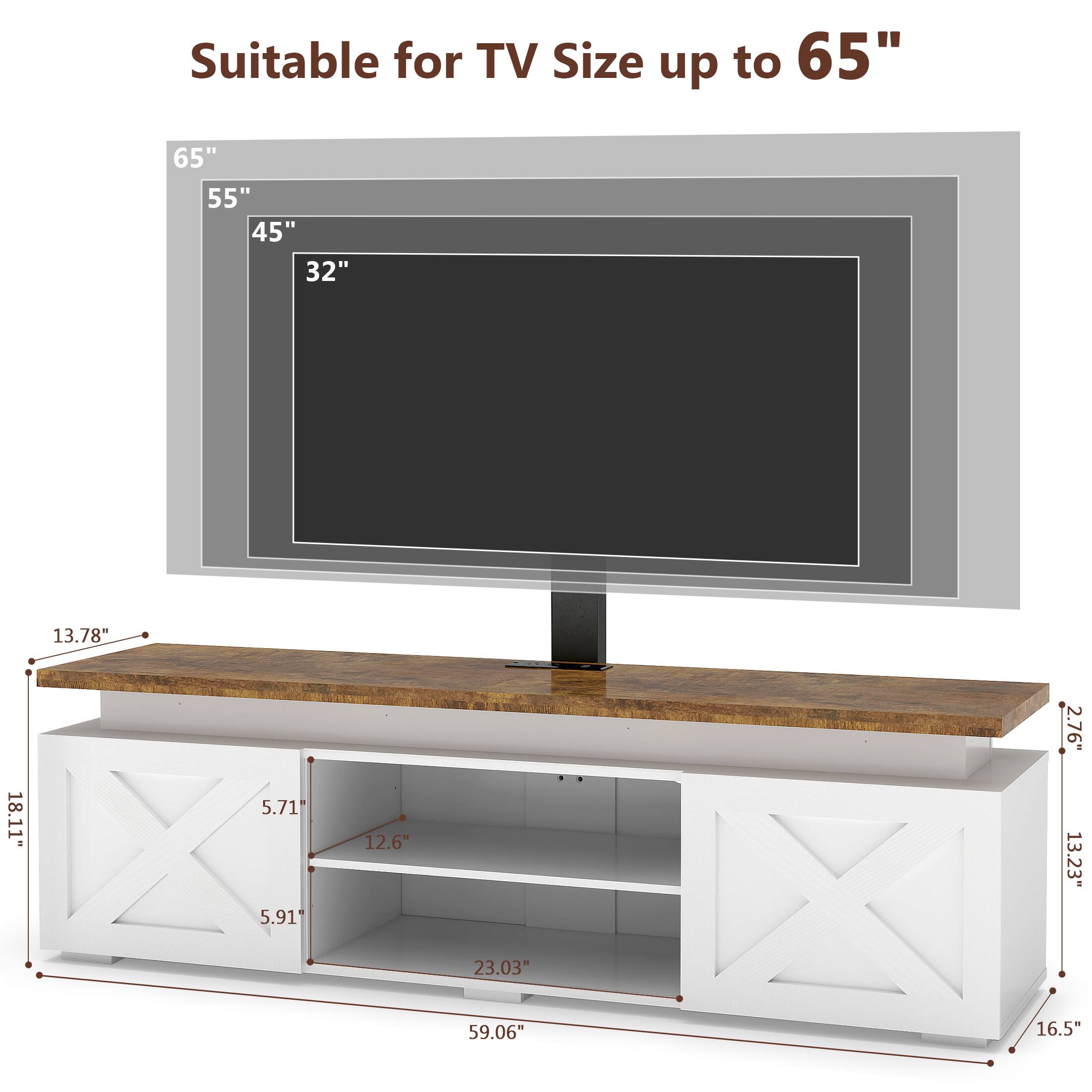 Suitable for TV Size up to 65" 65" 55" 45" 32" 13.78" 18.11" 5.71 5.91 12.6" 23.03" 59.06" 2.76" 13.23" X 16.5"