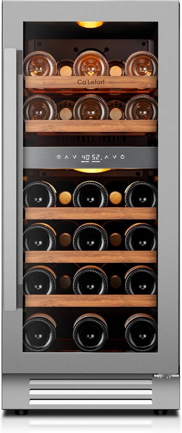 Ca'Lefort - 15 Inch Wine Fridge,28 Bottle Glass Door Wine Cooler, 40-65°F Dual Zone Wine Refrigerator,3 Color LED, Built-in - Stainless Steel
