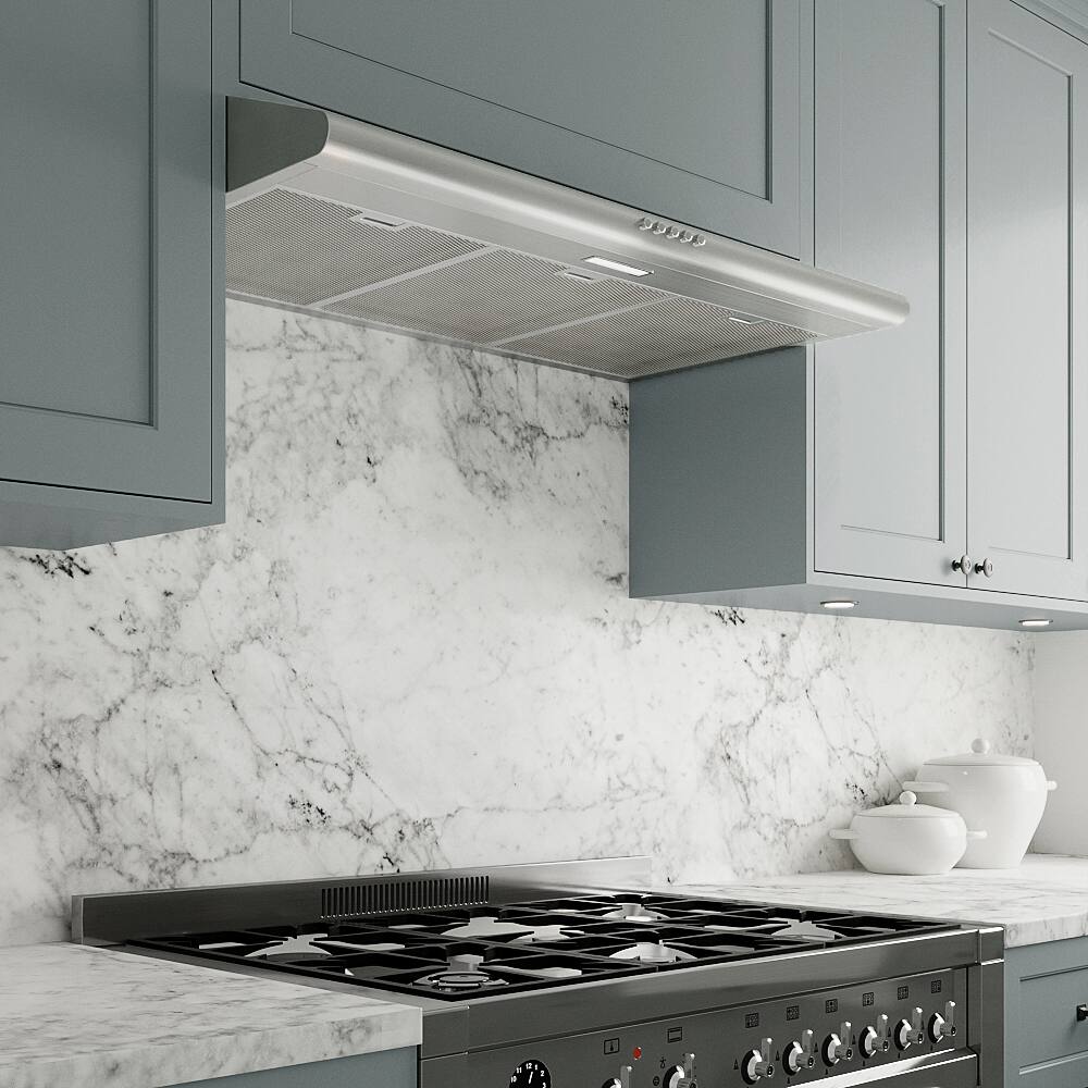 Back. Streamline - 36 in. Chieti Ducted Undermount 80 CFM Range Hood, Mesh Filters, Push Button Control, LED Light - Brushed Stainless Steel.