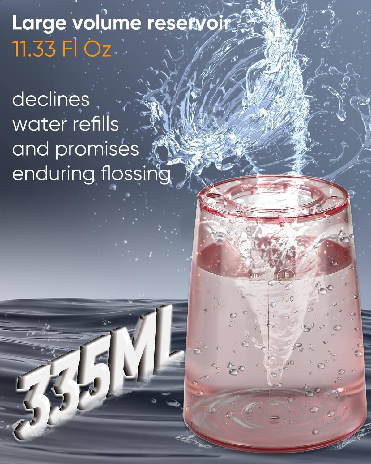 Large volume reservoir 11.33 FI Oz declines water refills and promises enduring flossing MIN 335ML 250 150