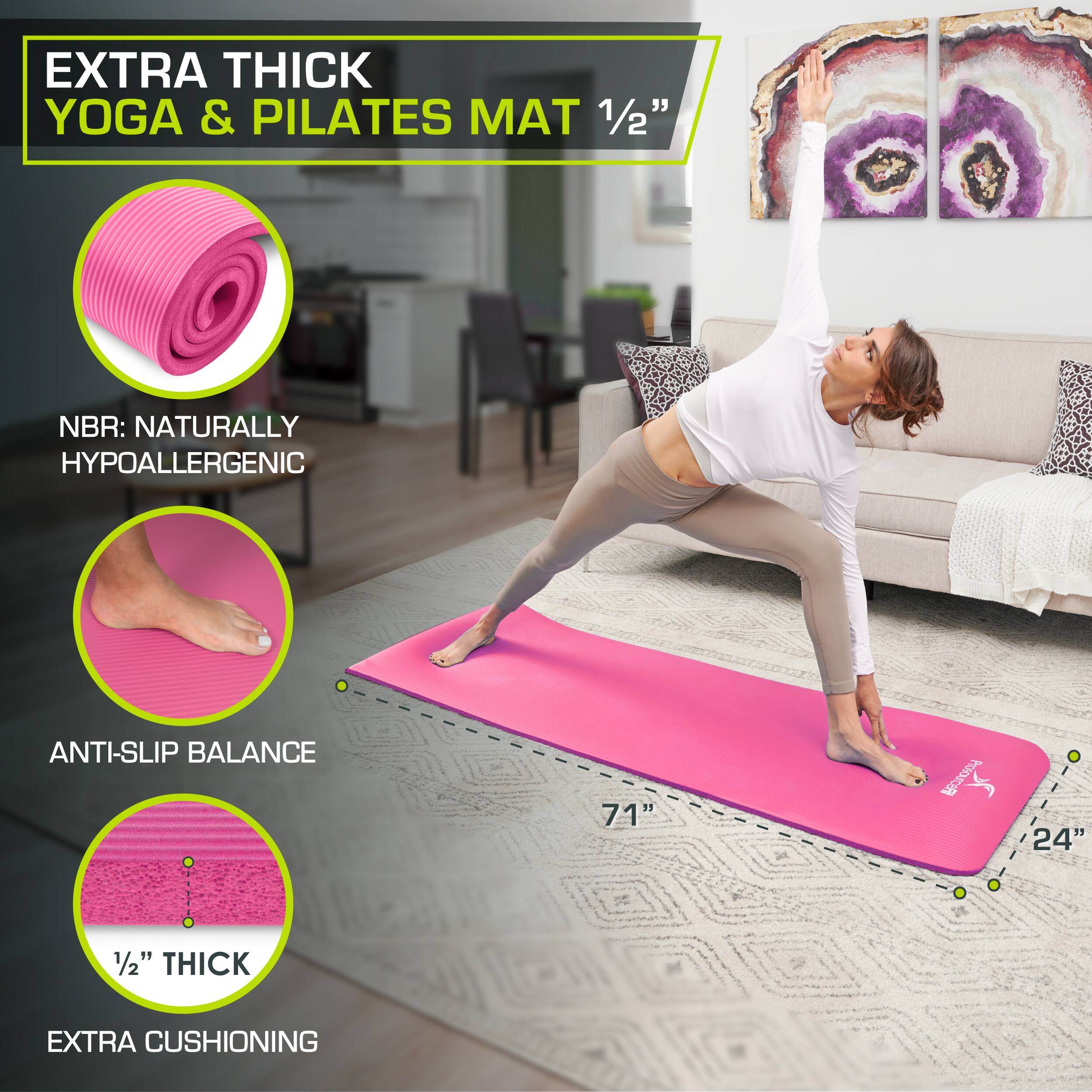 EXTRA THICK YOGA & PILATES MAT 1/2" NBR: NATURALLY HYPOALLERGENIC ANTI-SLIP BALANCE 71" 24" 1/2" THICK EXTRA CUSHIONING