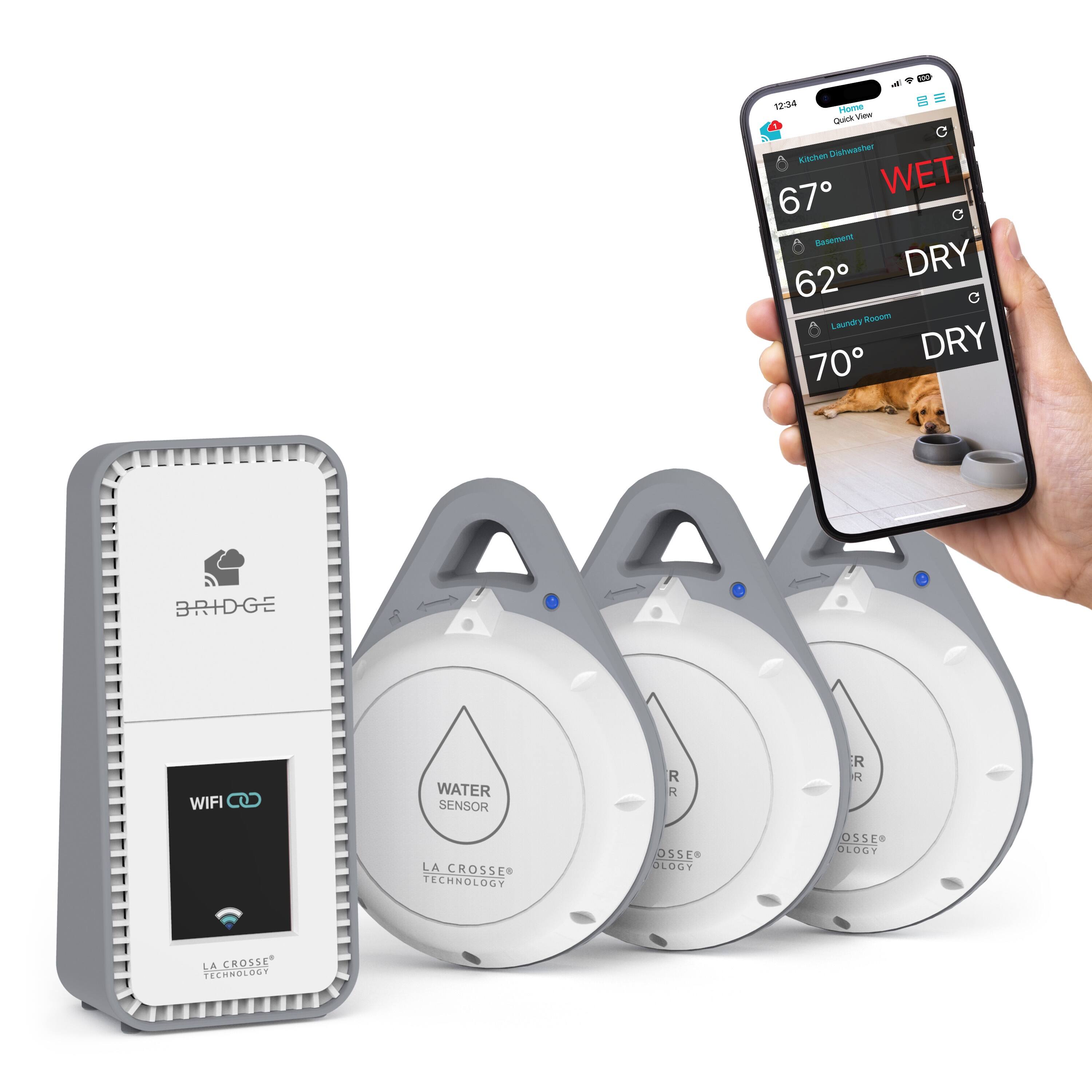 12:34 Hou Quick View  
Kitchen Dishwasher: 67° WET  
Basement: 62° DRY  
Laundry Room: 70° DRY  

B-RID-GE WIFI CO  
WATER SENSOR  
LA CROSSE TECHNOLOGY