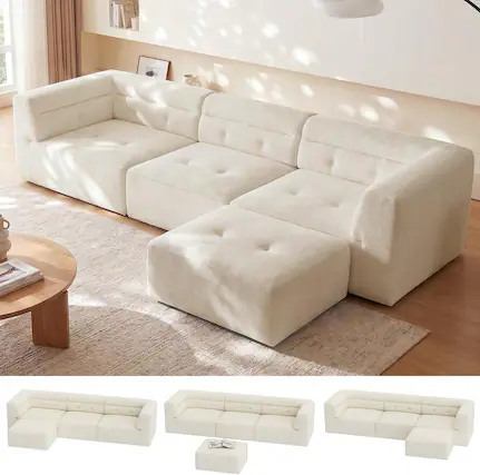 Front. Aheaplus - 112" Boneless L-Shaped Modular Sectional Sofa, No-Assembly 4-Seat Couch with Ottoman, Soft Snowflake Fleece,2 packages - Beige.