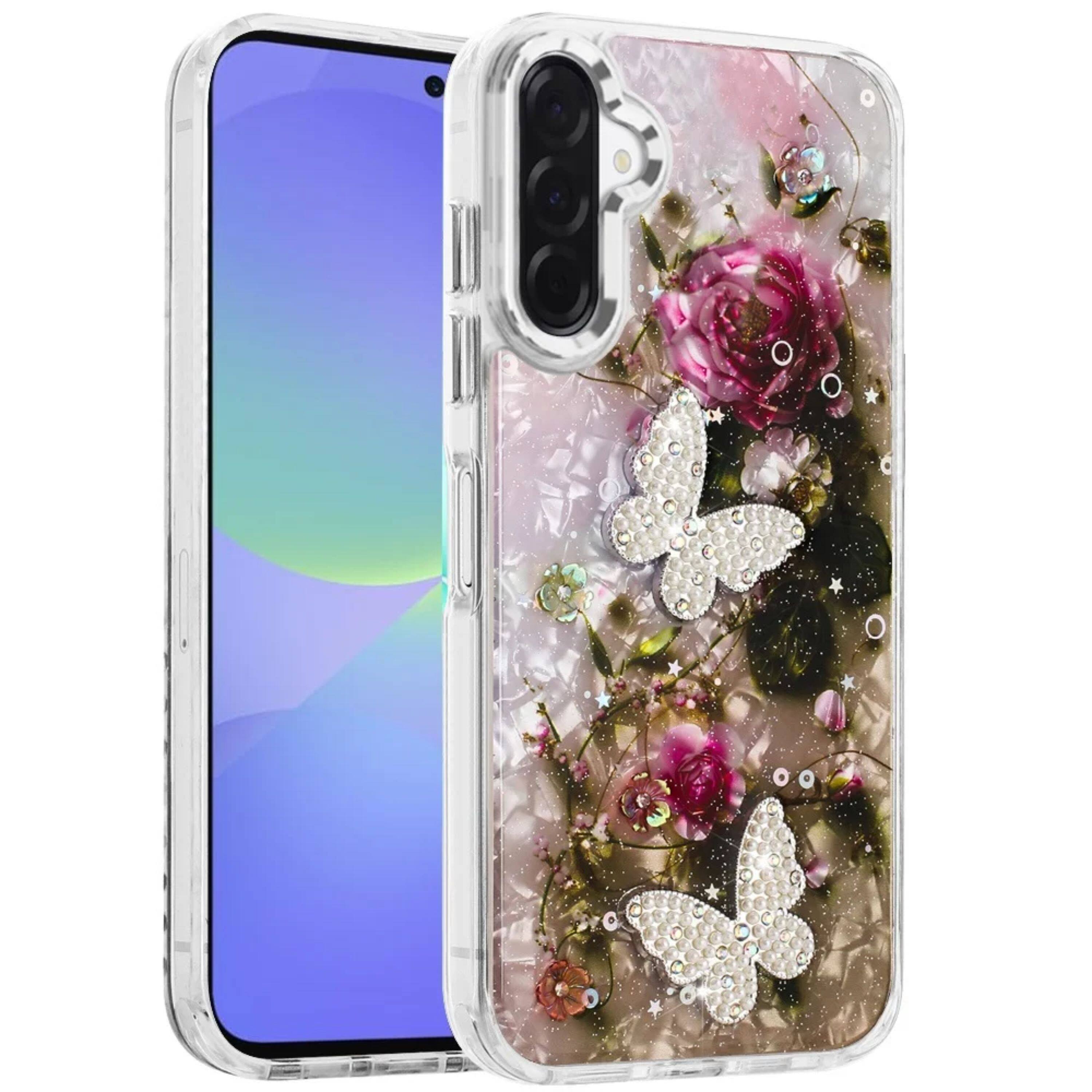Angle. Kitcheniva - Epoxy Glitter 3D Beaded Butterflies Plus Tempered Glass For Samsung A37 C - Multicolor.