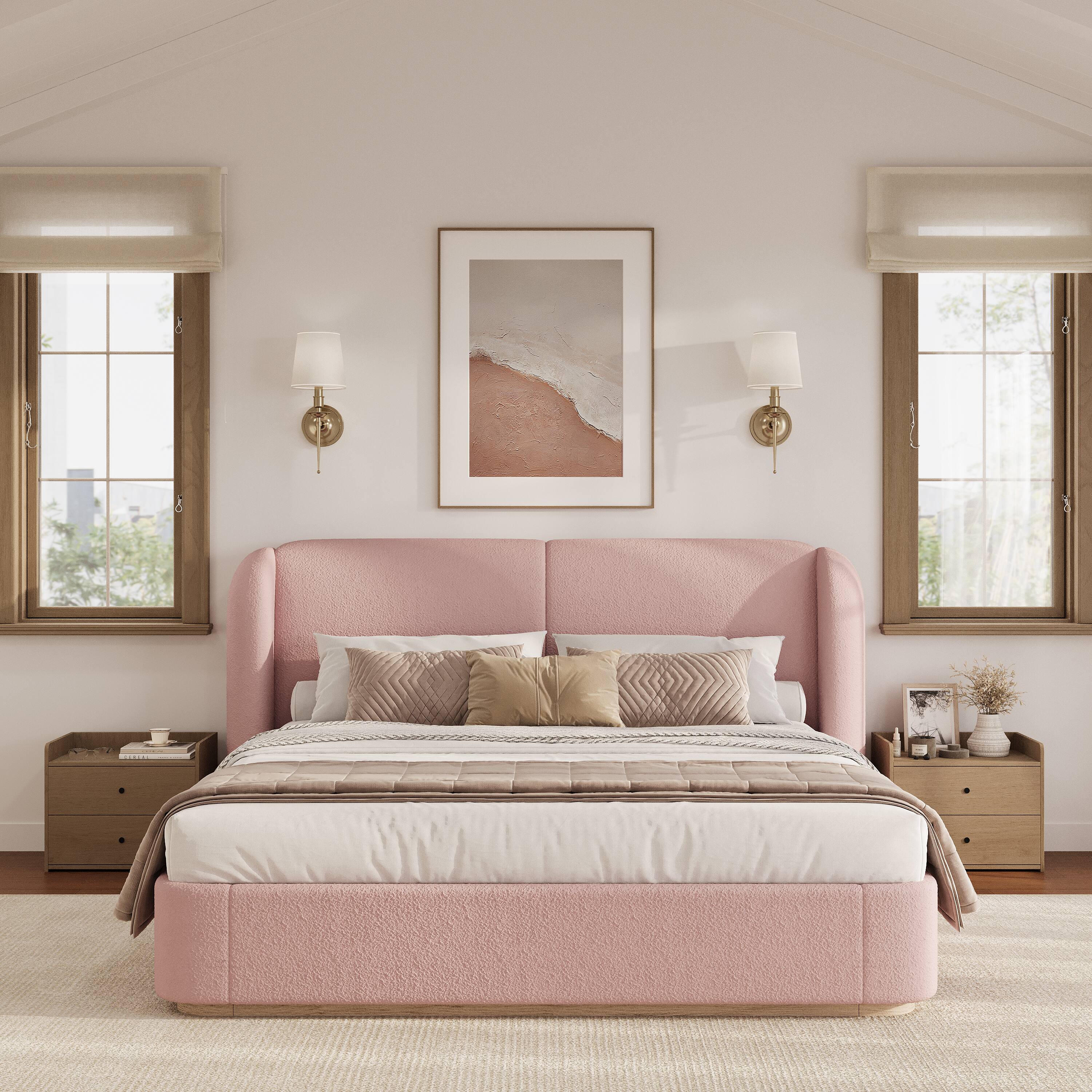 Angle. Whisen - King Size Platform Bed with Fabric Upholstered Headboard and Wing Side for Bedroom - Pink.