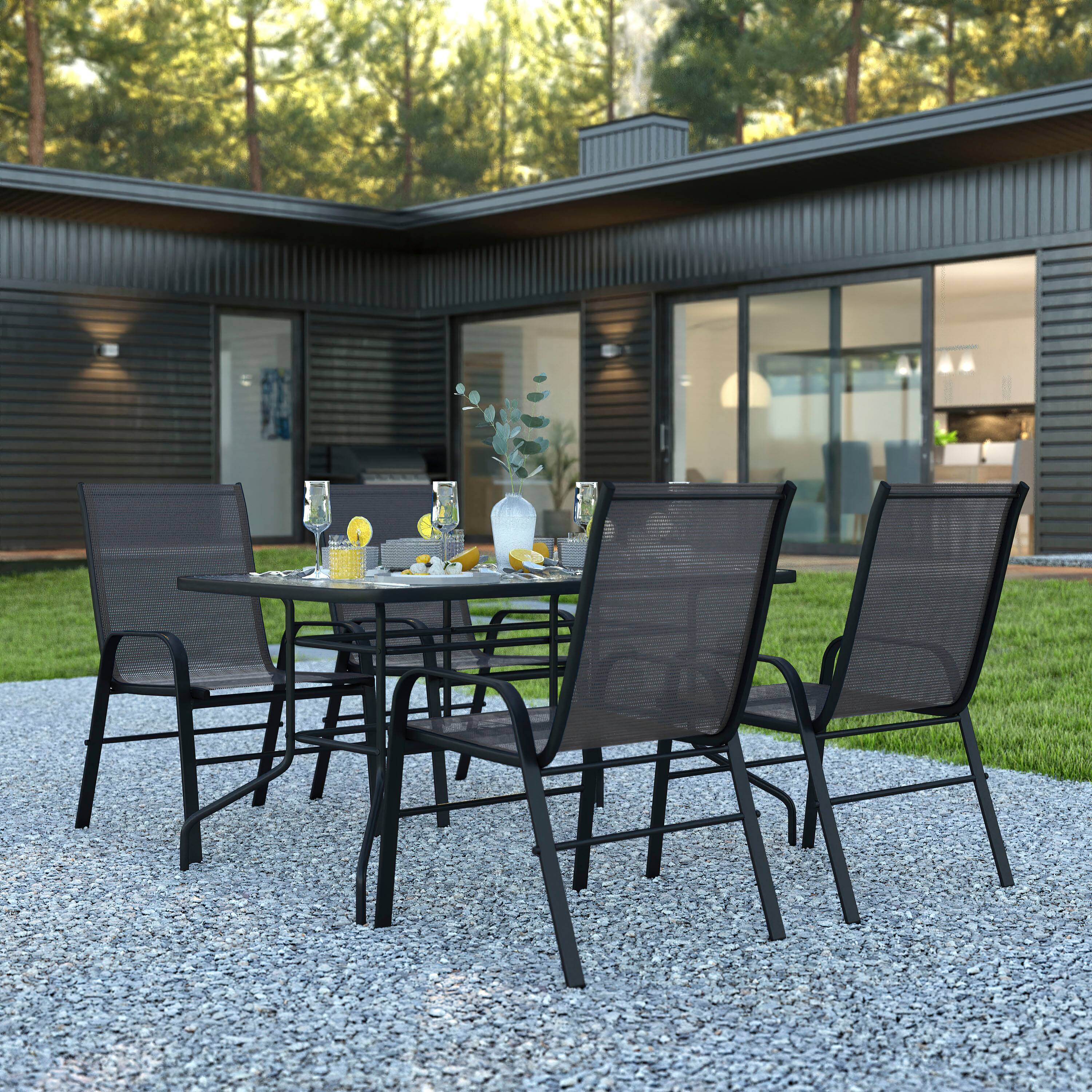 Alt View 1. Emma + Oliver - Five Piece Patio Table Set with Metal Table with Tempered Glass Top and 4 Flex Comfort Stacking Chairs - Black.
