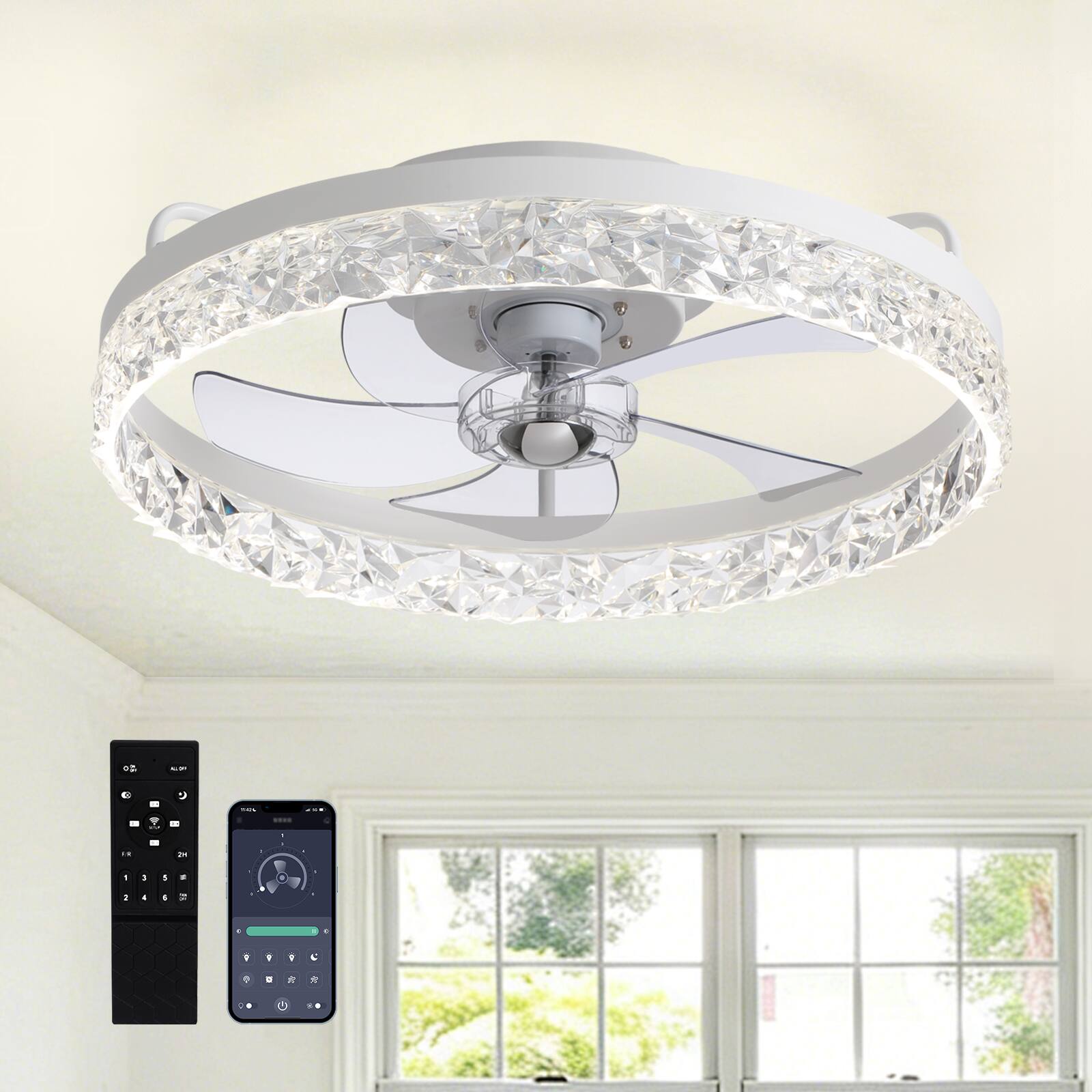 Front. Siljoy - 20-22-inch Luxury Crystal Flush Mount Fan Light Dimmable Quiet for Bedroom and Living Room - White.