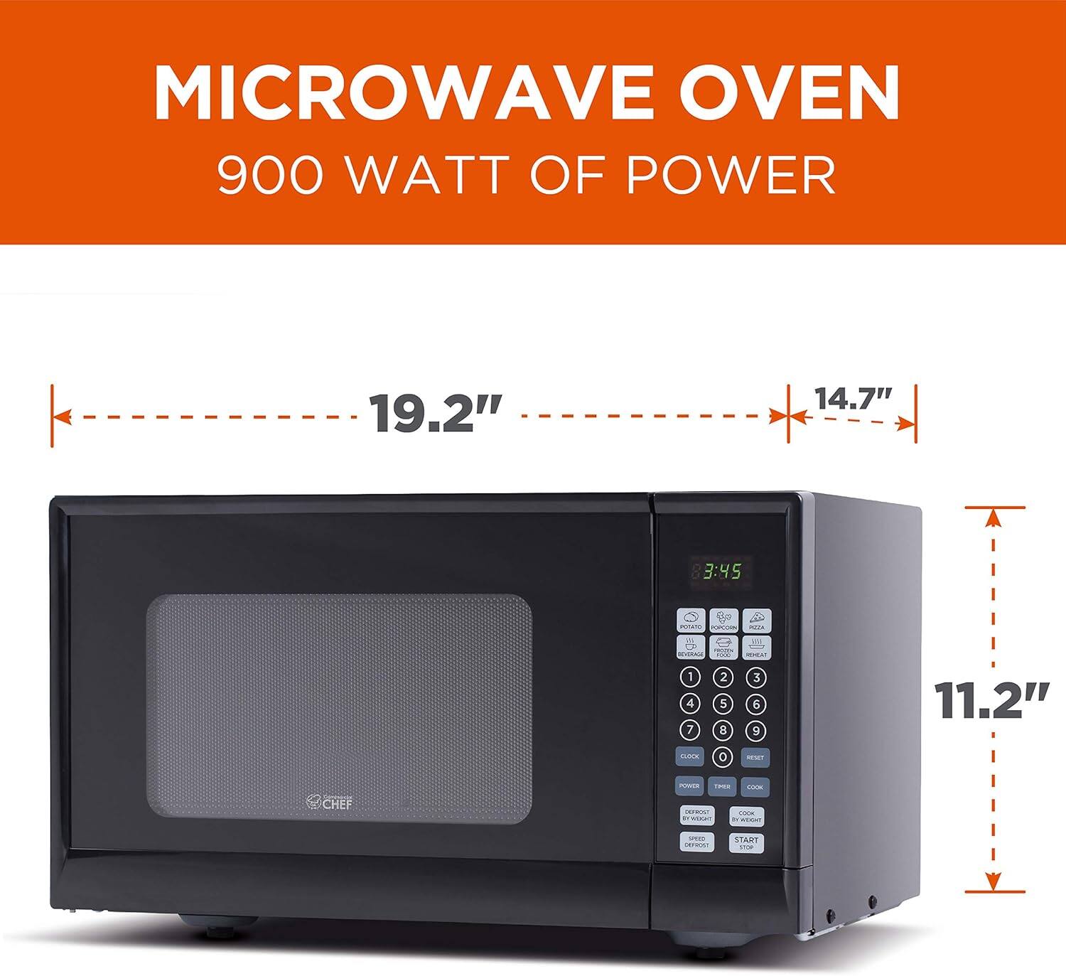 MICROWAVE OVEN 900 WATT OF POWER 19.2" 14.7" 3:45 V AOEO ALUR MLM .. D | A FOLO W - 1 4 7 2 5 8 3 6 9 11.2" ..... O -N C imcn C..- CHEF VERUS? ee .. i MC - CNO START I