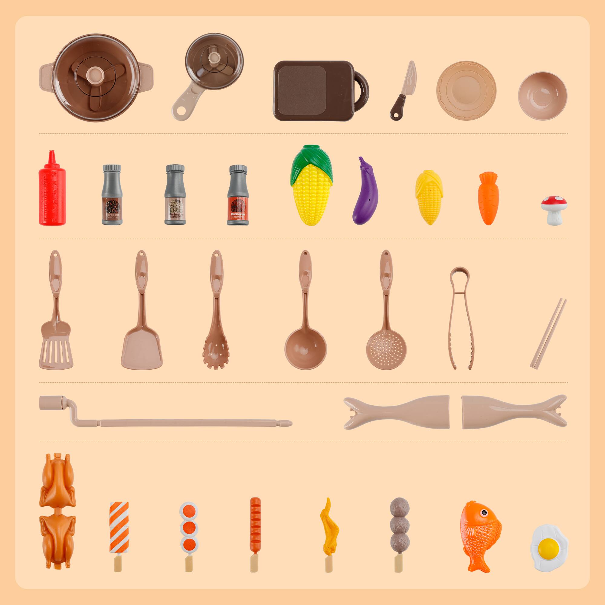 Left. Topteng - 36-Piece BBQ & Hot Pot Cooking Playset for Kids - Dual Mode Pretend Play with Simulated Stir-Fry and Grill Effects.