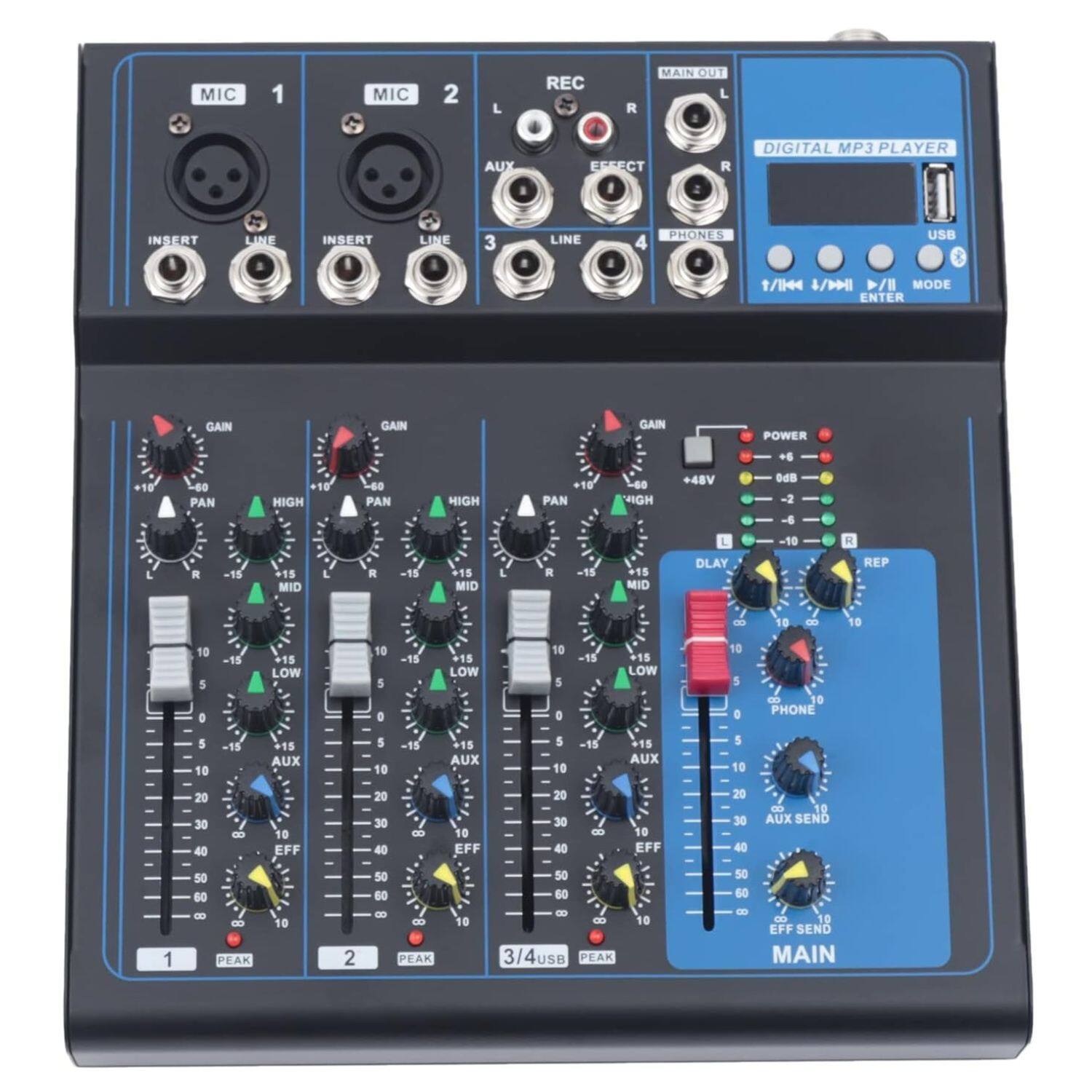 Sure, here is the corrected and grouped text from the image:

---

**Top Section:**

- MIC 1
- MIC 2
- INSERT LINE
- INSERT LINE
- LINE 3
- LINE 4
- AUX
- REC
- EFFECT
- MAIN OUT
- PHONES
- DIGITAL MP3 PLAYER
- USB
- MODE
- ENTER

**Middle Section:**

- GAIN
- PAN
- HIGH
- MID
- LOW
- AUX
- EFF
- AUX SEND
- EFF SEND
- PEAK
- PEAK
- PEAK
- PEAK
- PEAK
- PEAK
- PEAK
- PEAK
- PEAK
- PEAK
- PEAK
- PEAK
- PEAK
- PEAK
- PEAK
- PEAK
- PEAK
- PEAK
- PEAK
- PEAK
- PEAK
- PEAK
- PEAK
- PEAK
- PEAK
- PEAK
- PEAK
- PEAK
- PEAK
- PEAK
- PEAK
- PEAK
- PEAK
- PEAK
- PEAK
- PEAK
- PEAK
- PEAK
- PEAK
- PEAK
- PEAK
- PEAK
- PEAK
- PEAK
- PEAK
- PEAK
- PEAK
- PEAK
- PEAK
- PEAK
- PEAK
- PEAK
- PEAK
- PEAK
- PEAK
- PEAK
- PEAK
- PEAK
- PEAK
- PEAK
- PEAK
- PEAK
- PEAK
- PEAK
- PEAK
- PEAK
- PEAK
- PEAK
- PEAK
- PEAK
- PEAK
- PEAK
- PEAK
- PEAK
- PEAK
- PEAK
- PEAK
- PEAK
- PEAK
- PEAK
- PEAK
- PEAK
- PEAK
- PEAK
- PEAK
- PEAK
- PEAK
- PEAK
- PEAK
- PEAK
- PEAK
- PEAK
- PEAK
- PEAK
- PEAK
- PEAK
- PEAK
- PEAK
- PEAK
-