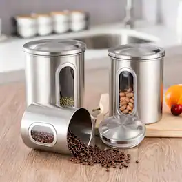 Malletson - 3 Piece Stainless Steel Canister Set, Airtight Coffee Container Tea Organizer & Sugar Canister, Kitchen - Black
