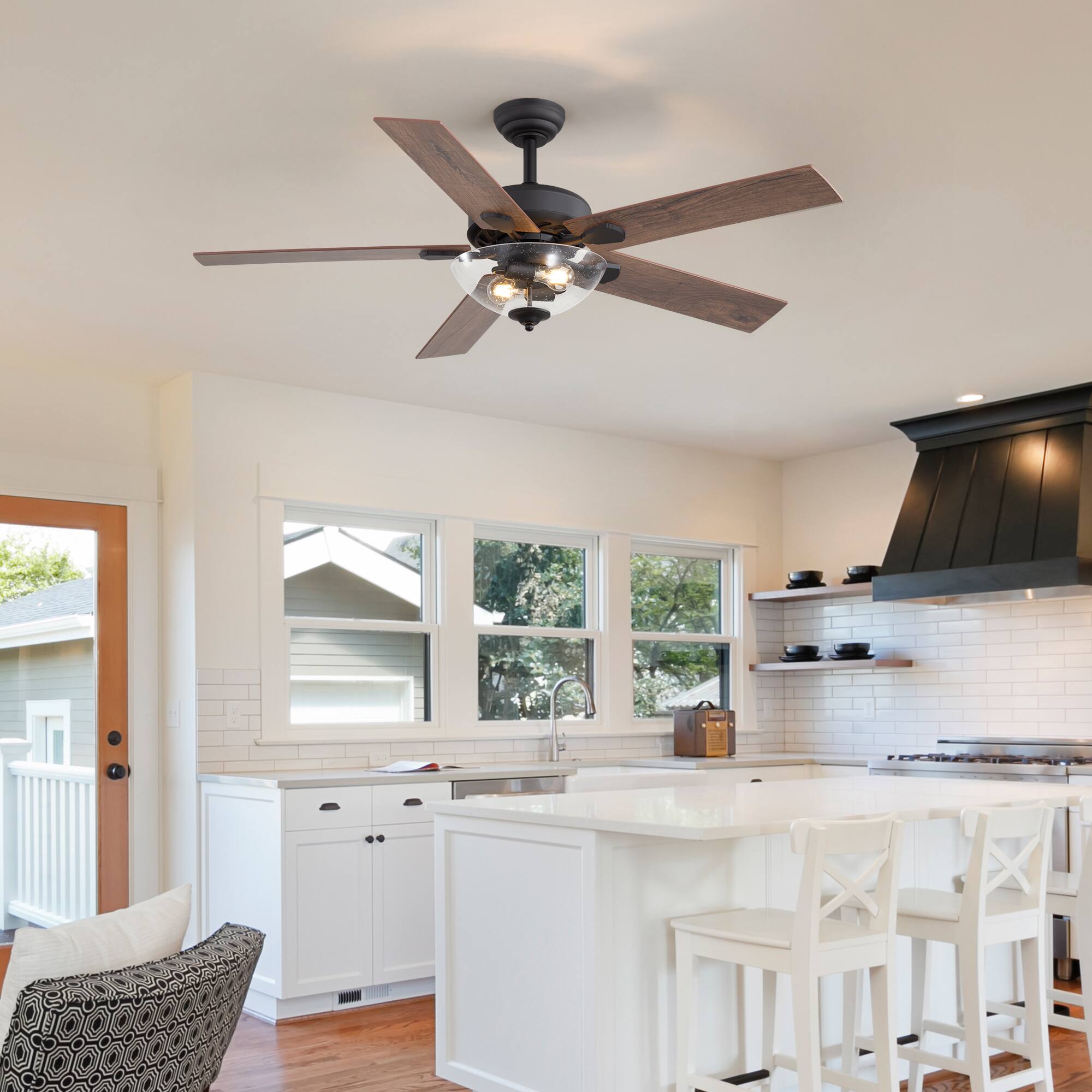 Back. Breezary - 52-In Traditional Ceiling Fan with Light Kit, 5 Plywood Blades, 6-Speed DC Motor, Remote Control with Timer - Matte Black and Deep and Light Wood Grain.