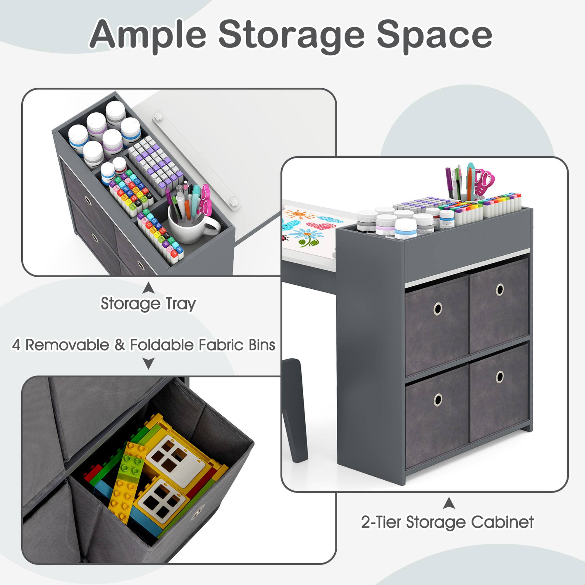 Ample Storage Space: A 5 Storage Tray, 4 Removable & Foldable Fabric Bins, and a 2-Tier Storage Cabinet.