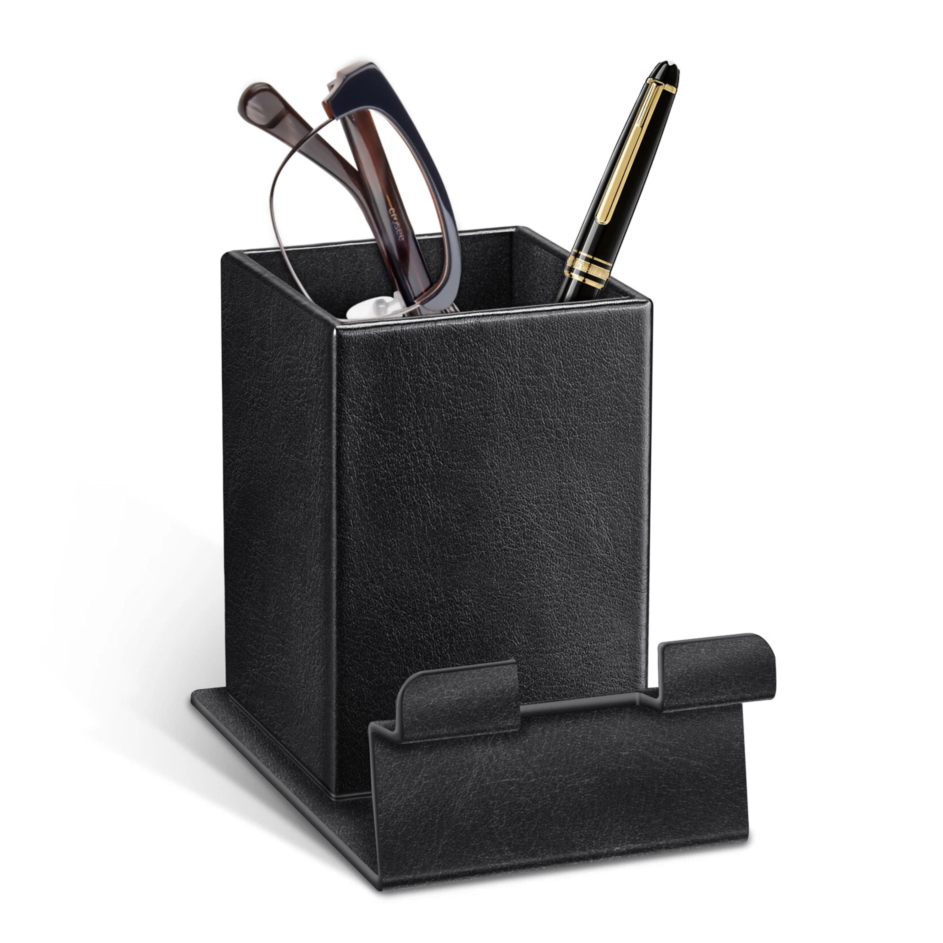 Kitcheniva - Vegan Leather Phone Stand Desktop Organizer Eyeglasses Holder With Magnetic Base - Black