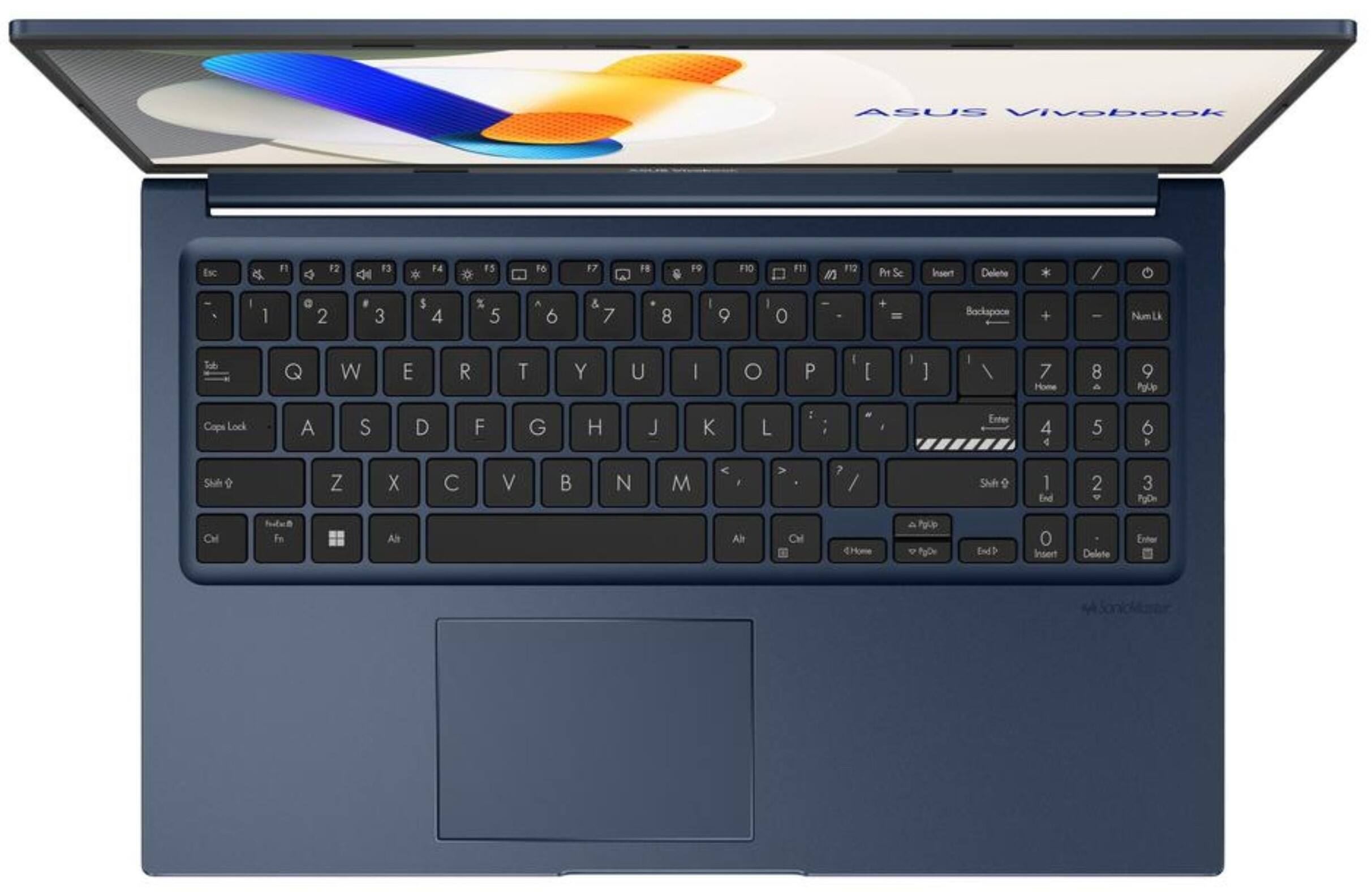 ASUS Vivobook Esc is a laptop computer with a black keyboard. The keyboard has a numeric keypad and function keys, as well as a backspace and enter key. The laptop is open and ready for use.