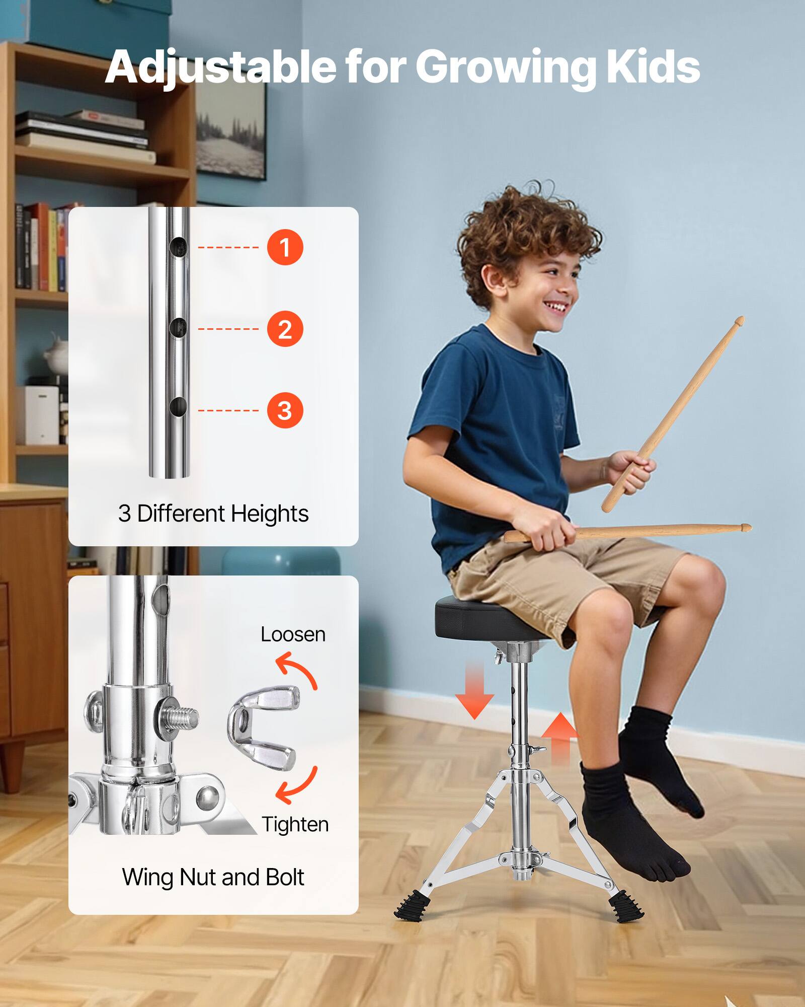 Adjustable for Growing Kids

3 Different Heights

Loosen Tighten Wing Nut and Bolt