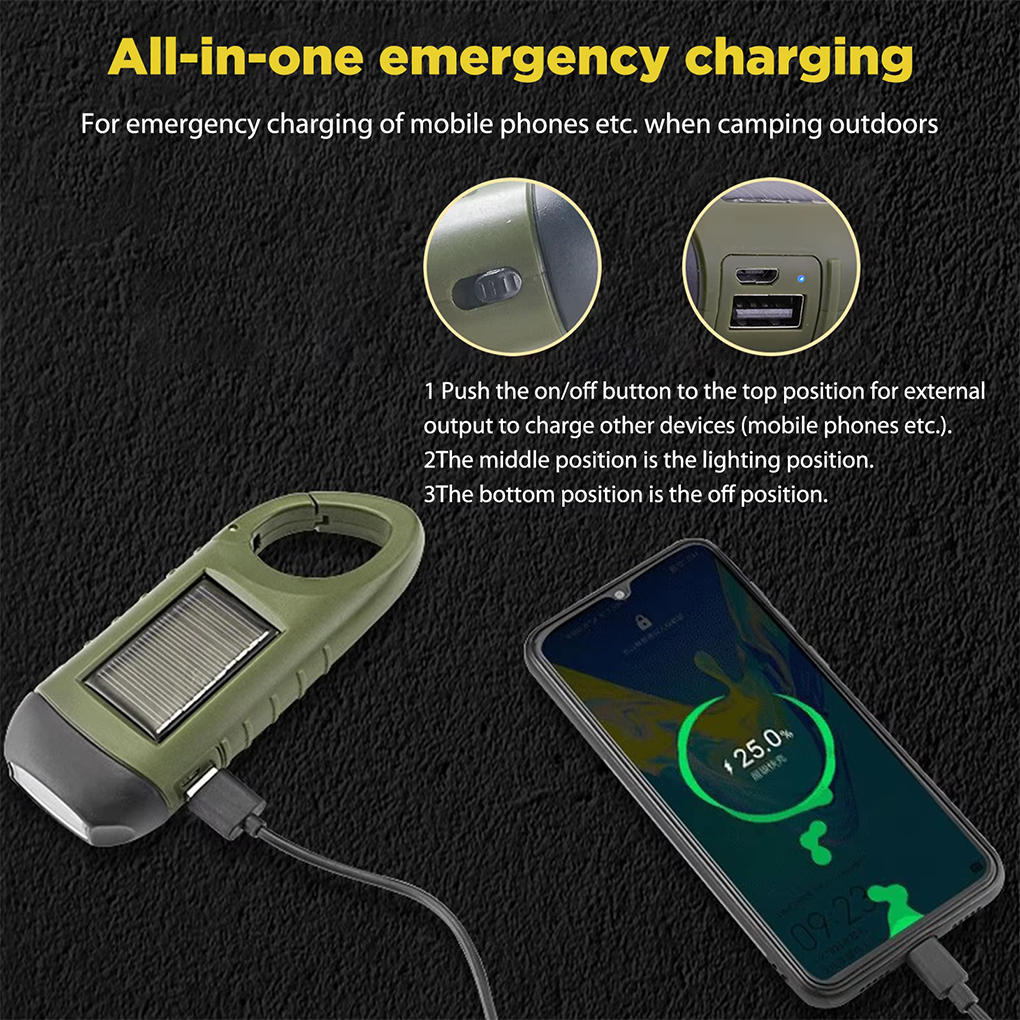 All-in-one emergency charging  
For emergency charging of mobile phones etc. when camping outdoors

1. Push the on/off button to the top position for external output to charge other devices (mobile phones etc.).
2. The middle position is the lighting position.
3. The bottom position is the off position.

25.0%  
09:23