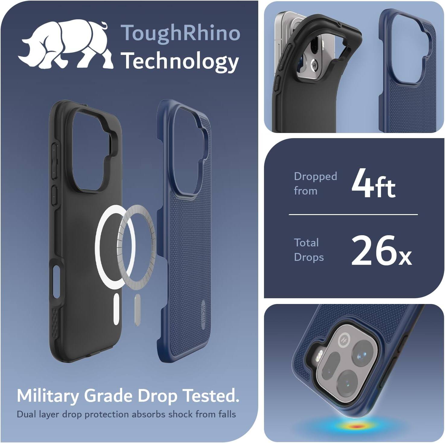 ToughRhino Technology

Dropped from 4ft
Total Drops 26x

Military Grade Drop Tested.
Dual layer drop protection absorbs shock from falls