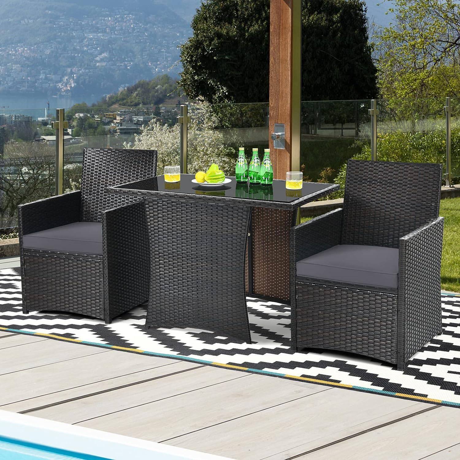 Back. Hivvago - 3-Piece Outdoor Patio Furniture Bistro Dining Set in Brown Grey PE Rattan - Brown Grey.
